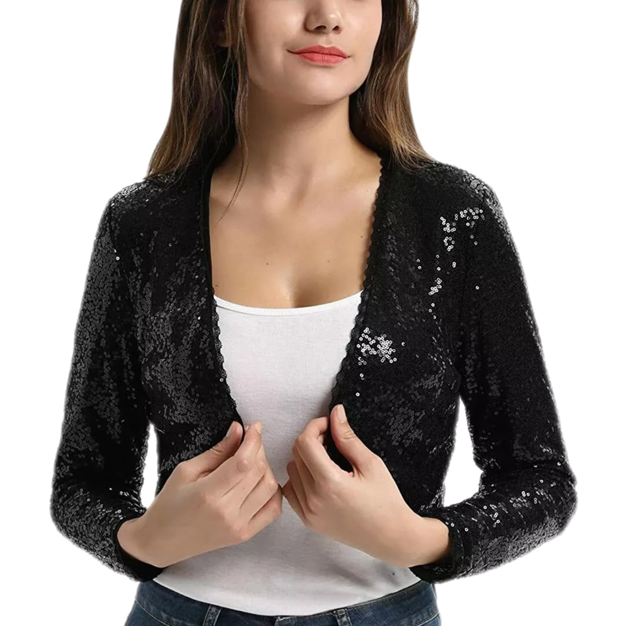 

Women's Sequin Blazer, Black, , Solid Color, Regular Sleeve, Short Length, Long Sleeve, Polyester, Spring/autumn Season, No Belt, No Waterproof, Loose Fit, Regular Silhouette, Knitted Fabric