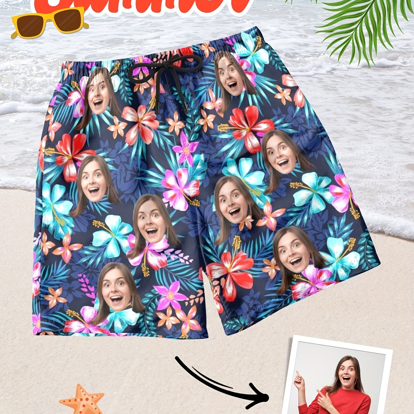 

Customized Shorts With Personalized Portrait Photo Print And Colorful Floral Pattern, Trendy And Chic Board Shorts For Men's Summer Beach Holiday Wear, Shorts As Gifts