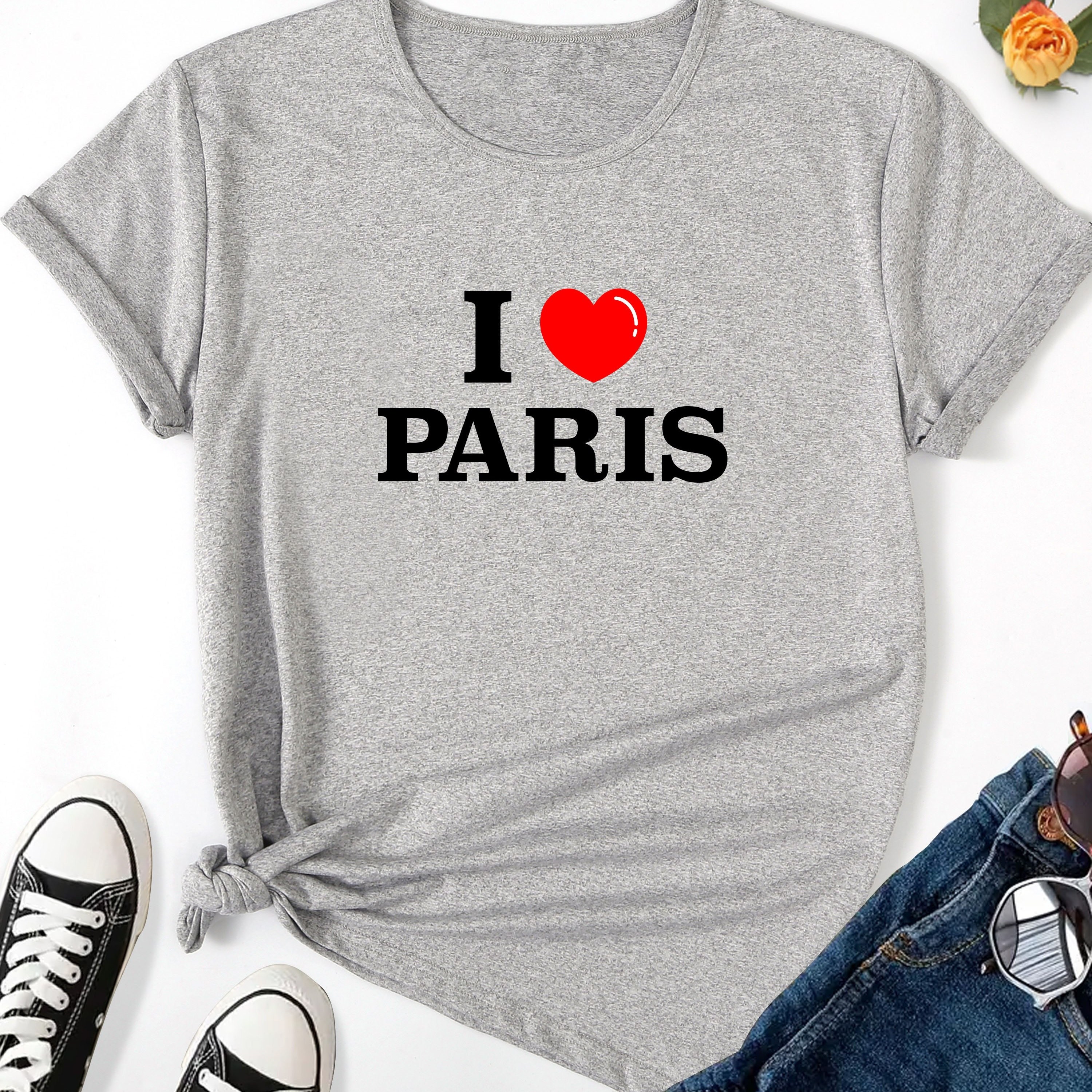 

I Love Paris Print T-shirt, Casual Crew Neck Short Sleeve Top For Spring & Summer, Women's Clothing