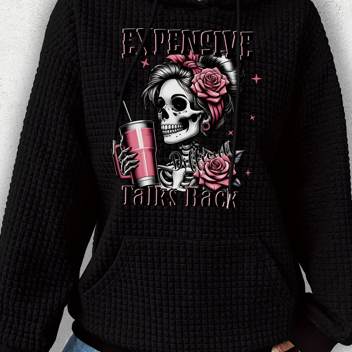 

Women's Casual Hoodie With Skull & Roses Graphic, Waffle Knit Polyester Sweatshirt With Drawstring & Kangaroo Pocket, Applique Detail, Fall/