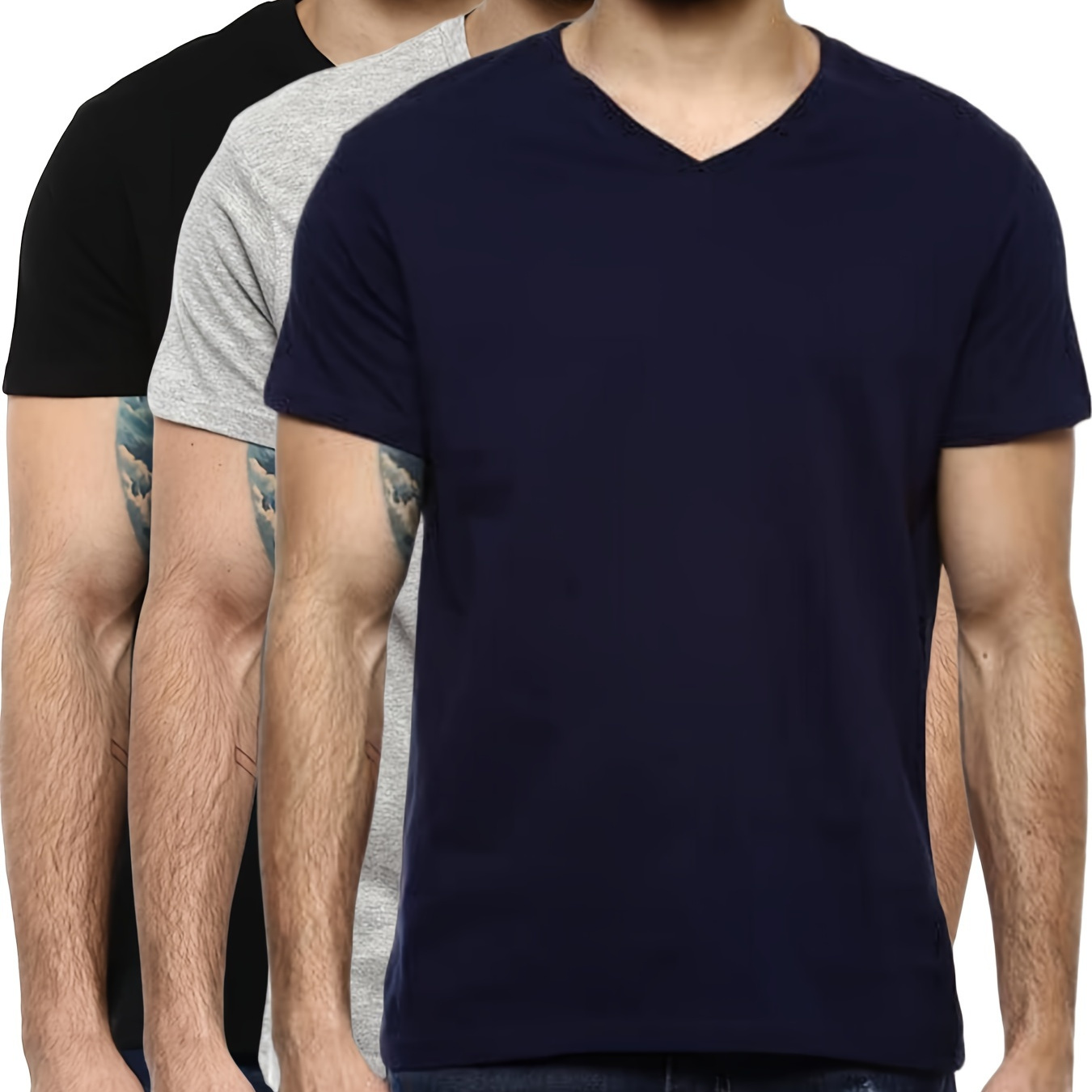 

3 t-shirts confortables à col en V pour hommes, de couleur unie et respirants, en polyester décontracté légèrement extensible à manches courtes pour l'été.