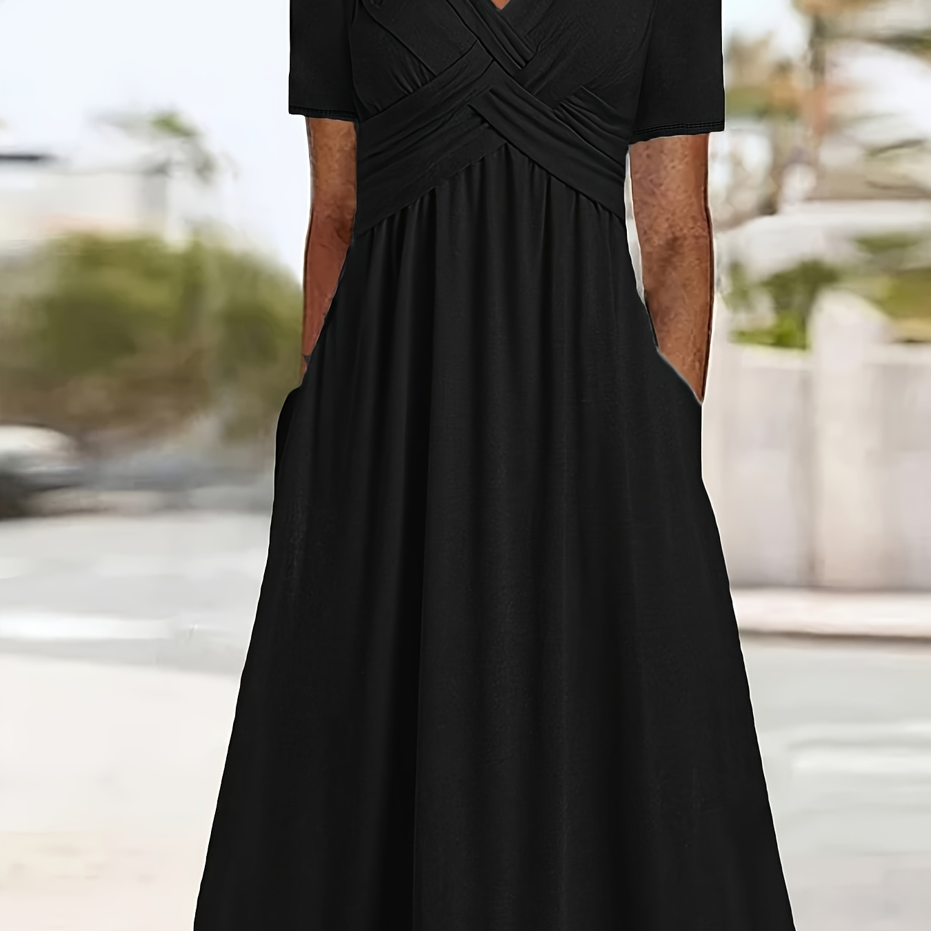 

Plus Size Front V-neck Solid Dress, Elegant Short Sleeve Pockets A-line Midi Dress For , Women's Plus Size Clothing