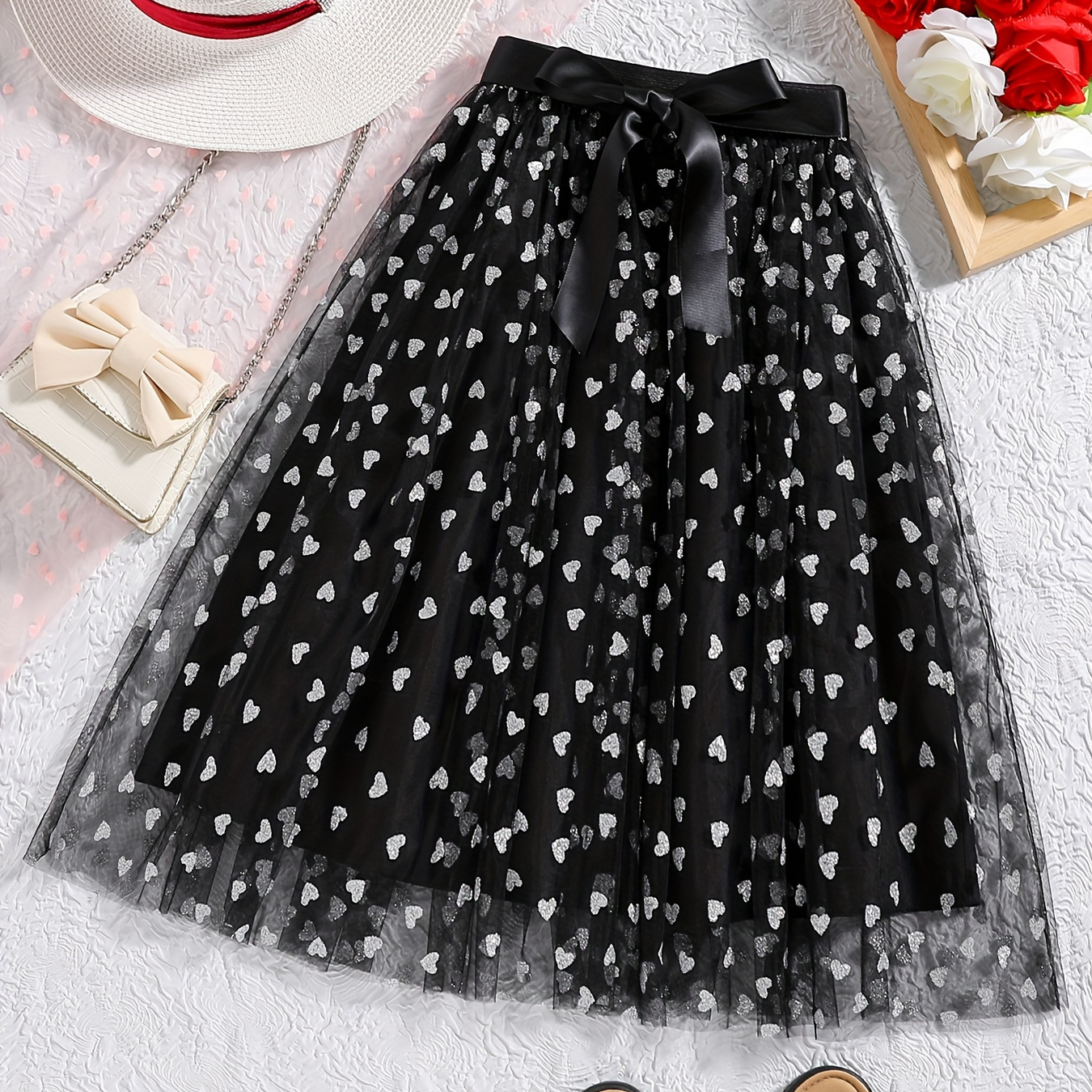 

Girls Versatile Heart Graphic Mesh Skirt For Spring Summer Party Gift Performance