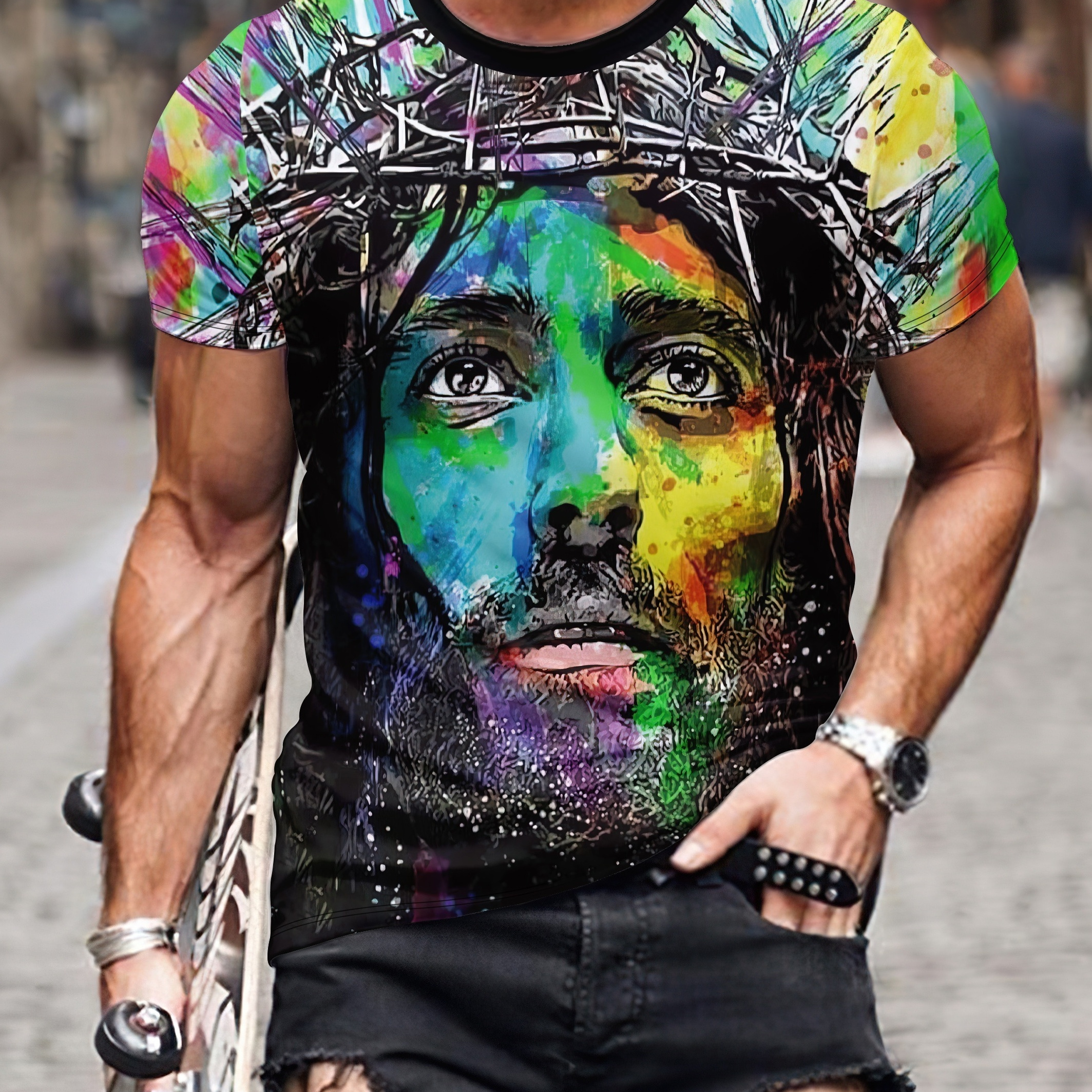 Portrait Round Neck Stylish Digital Print Graphic T-shirts, Causal Novelty Tees, Short Sleeves Comfortable Slim Fit Pullover Tops, Men's Summer Clothing