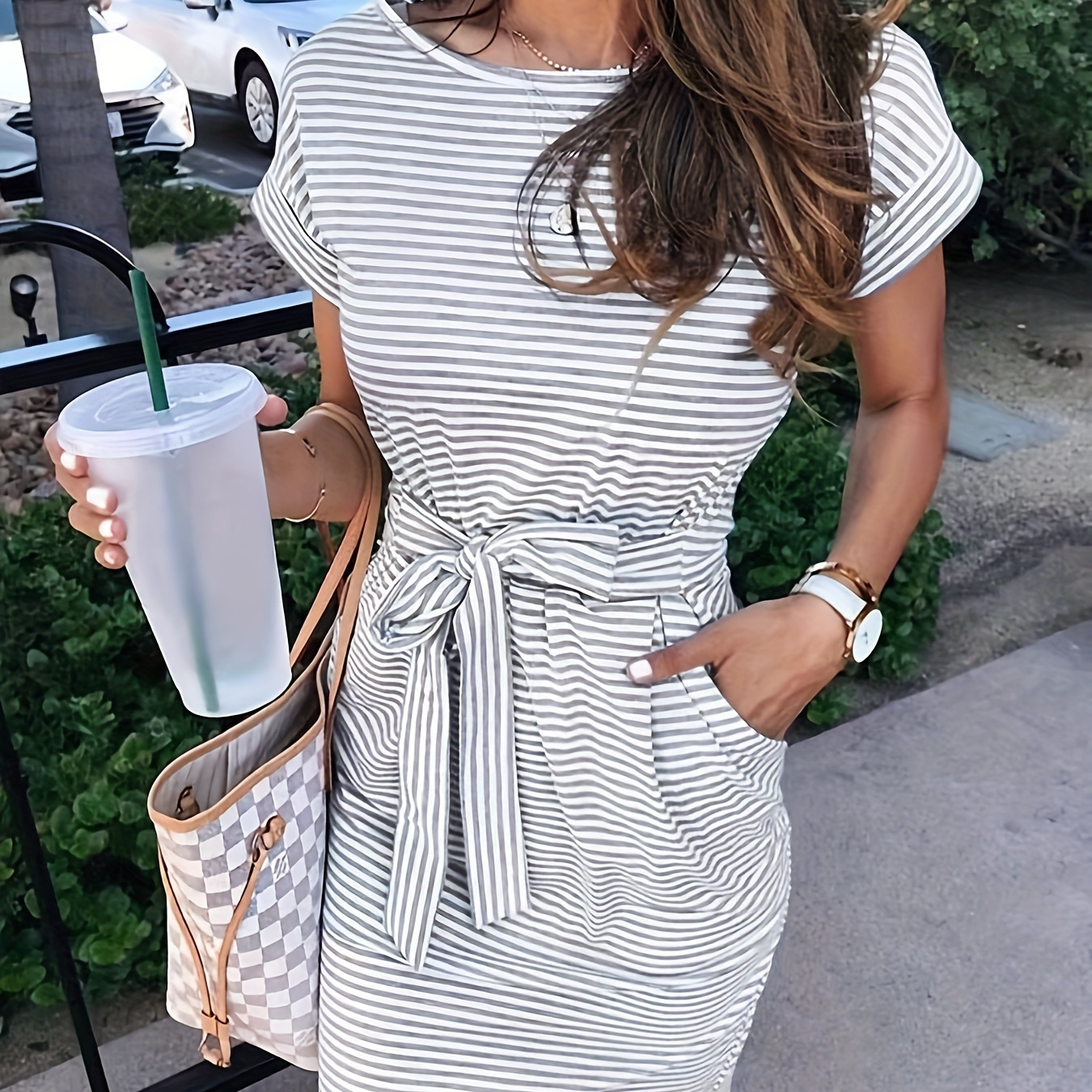 

Striped Crew Neck Dress, Casual Short Sleeve Belted Dress For Spring & Summer, Women's Clothing