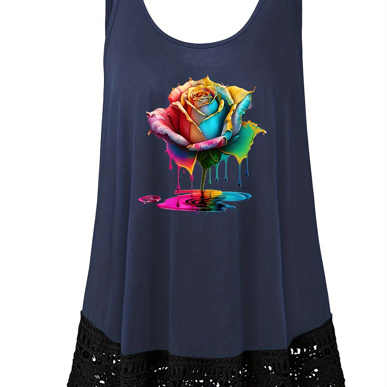 

Plus Size Colorful Rose Print Tank Top, Casual Lace Stitching Sleeveless Crew Neck Top For Summer & Spring, Women's Plus Size Clothing