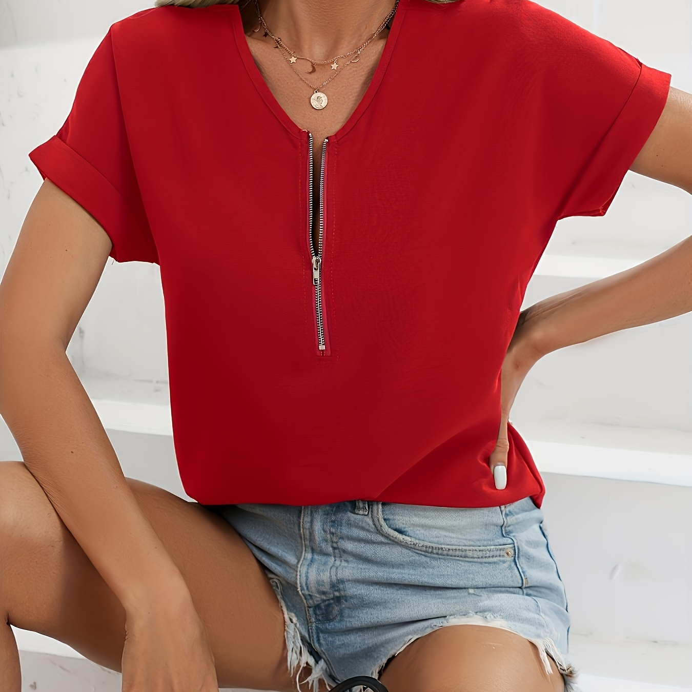 Women Comfy Blouse Casual Zipper Neck Flowy Solid Tops Tee Blouse