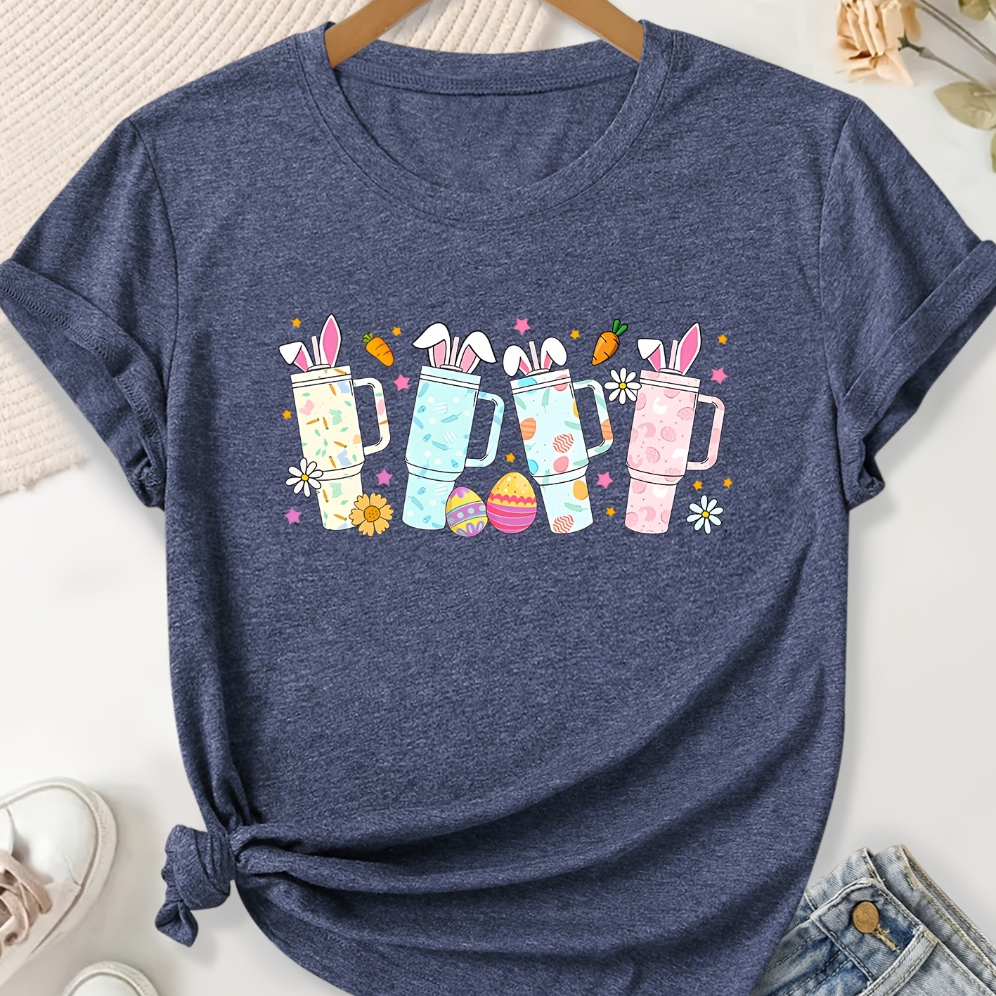 

Women' Easter T-shirt, Polyester With Viscose & Elastane, Crew Neck, Short Sleeve, Medium Stretch, Spring/summer/fall Casual Top With & Letter