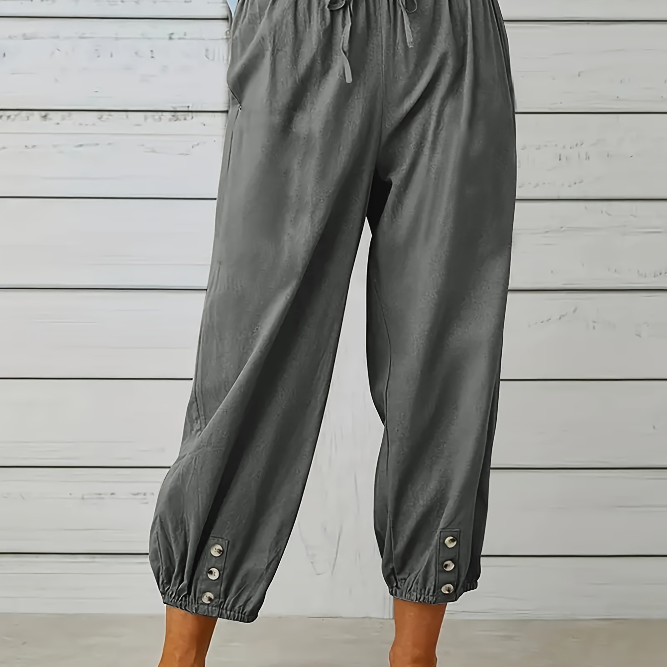

Solid Color Baggy Cropped Harem Pants, Drawstring Waist Casual Pants For Spring & Summer, Women's Clothing
