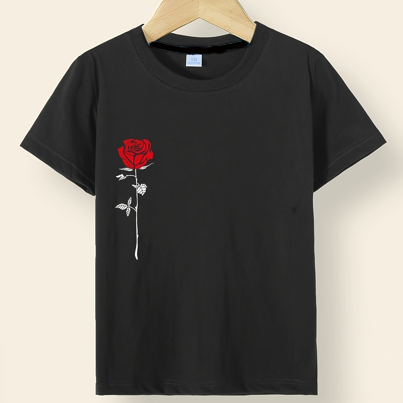 

Fashion Rose Print Boys Creative T-shirt, Casual Lightweight Comfy Short Sleeve Crew Neck Tee Tops, Kids Clothings For Summer