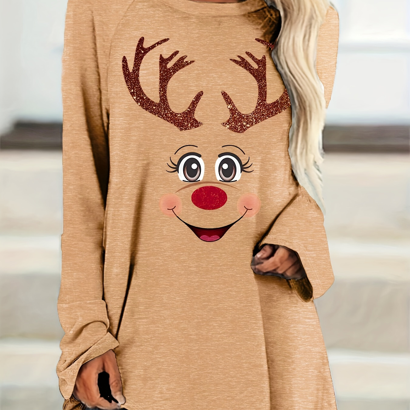 

Women's Christmas Reindeer Long Sleeve T-shirt - Cozy Polyester, Crew Neck, Machine Washable