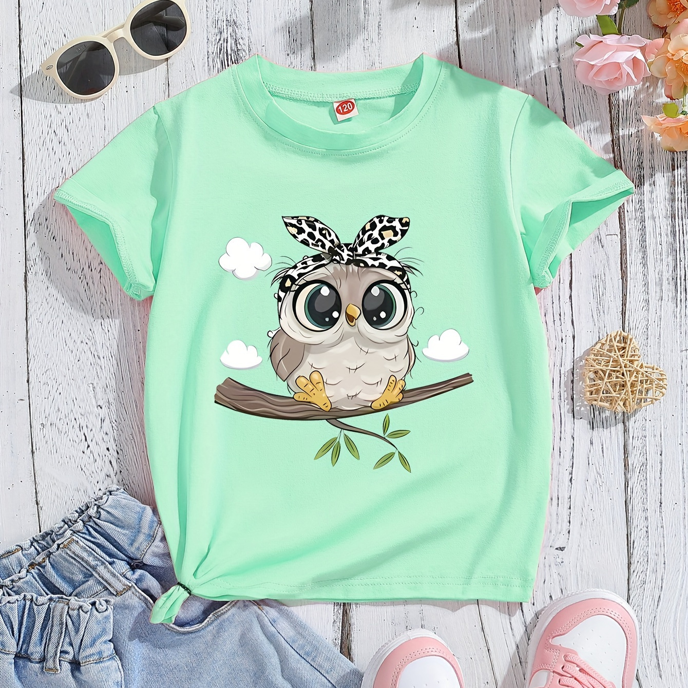 

Cute Cartoon Owl On Branch Graphic Print, Girls' Stylish Casual Crew Neck Short Sleeve Cotton T-shirt For Spring And Summer For Outdoor Activities, Girls' Clothes