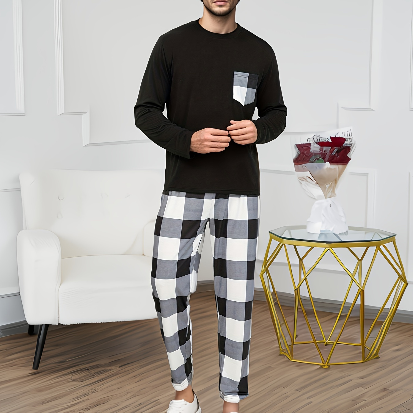 

2 Pcs Men's Cool Long Sleeves With Pocket & Plaid Pants Pajama Sets, Comfortable & Skin-friendly Style Pajamas For Men's Cozy Loungewear