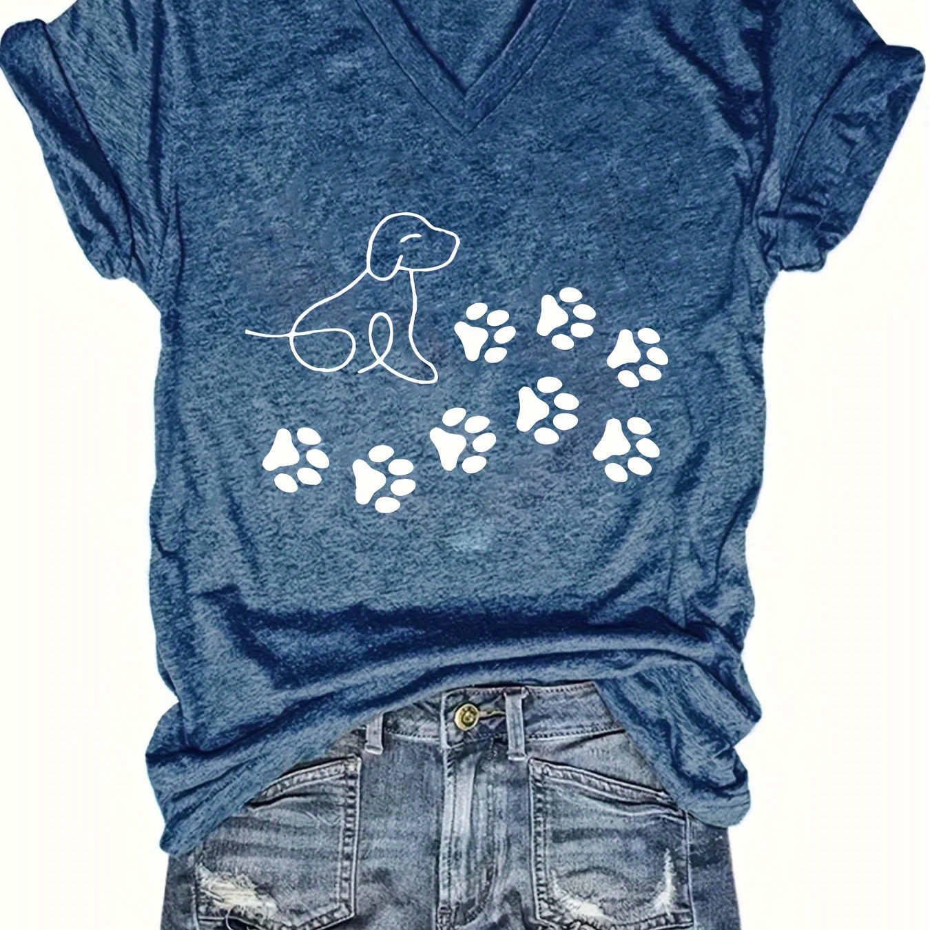 

Dog & Paw Print V Neck T-shirt, Casual Short Sleeve Summer Daily Top, Women's Clothing