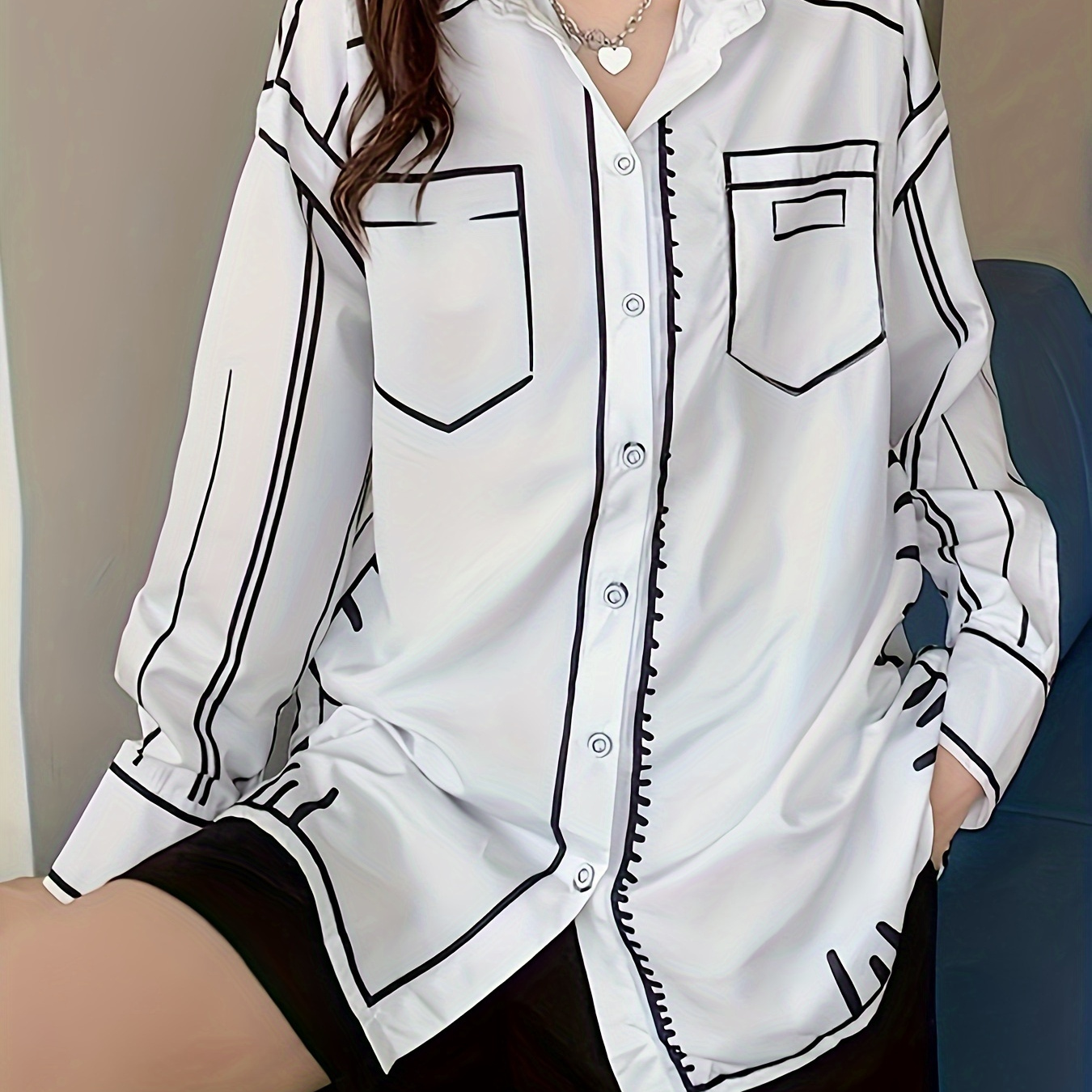 

Contrast Trim Button Front Shirt, Casual Long Sleeve Shirt For Spring & Fall, Women's Clothing