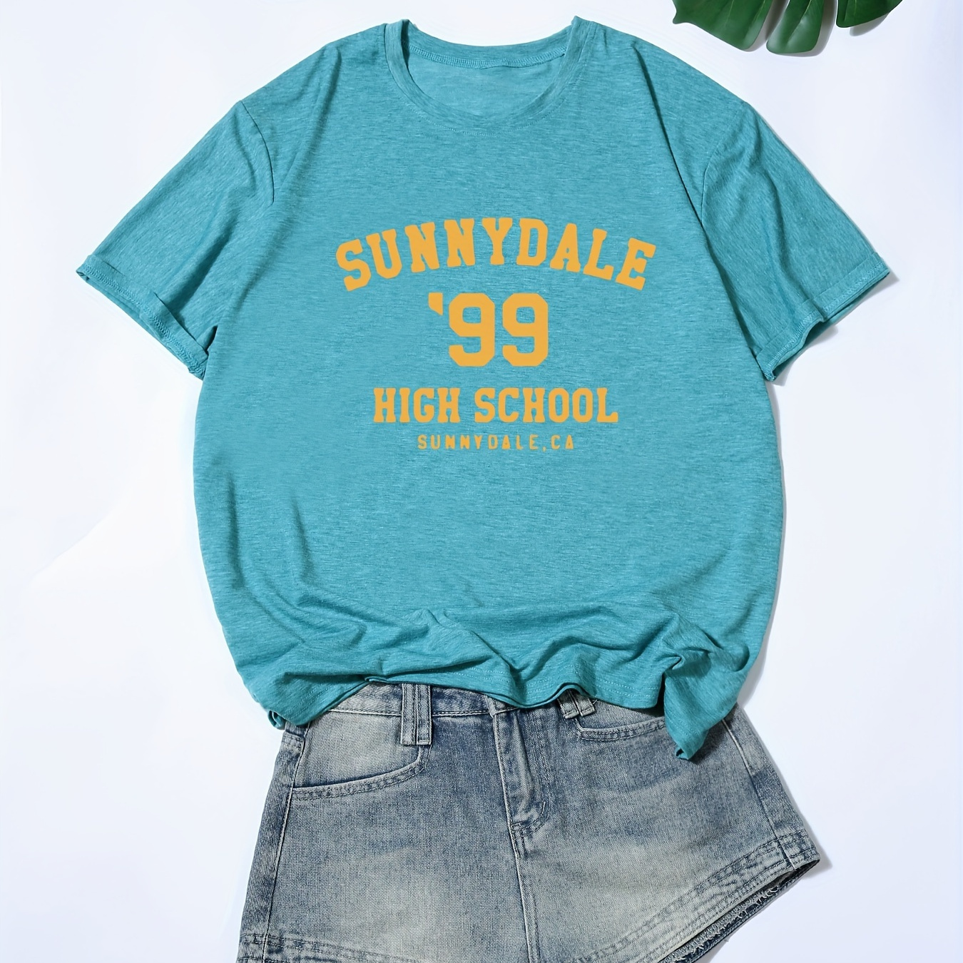 

T-shirt imprimé Sunnydale grande taille, haut décontracté à manches courtes et col rond pour le printemps et l'été, vêtements grande taille pour femmes