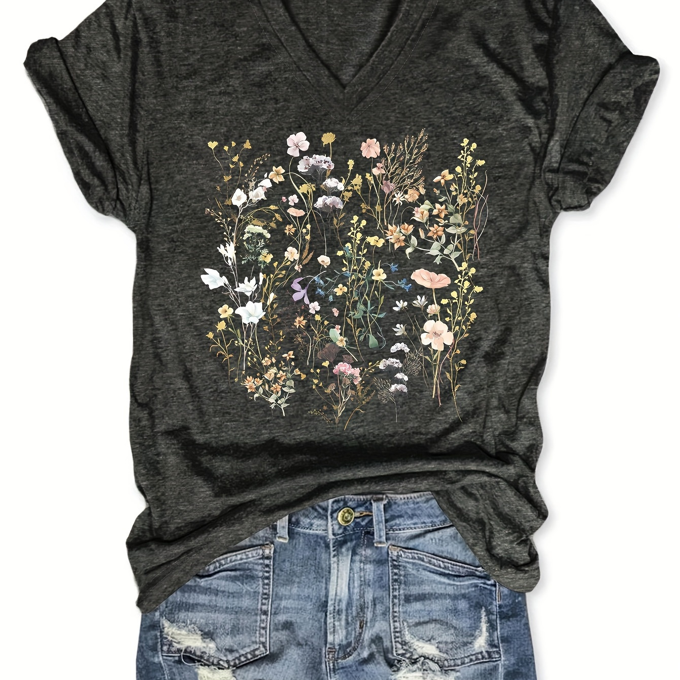 

Floral Print V Neck T-shirt, Casual Short Sleeve Top For Spring & Summer, Women's Clothing