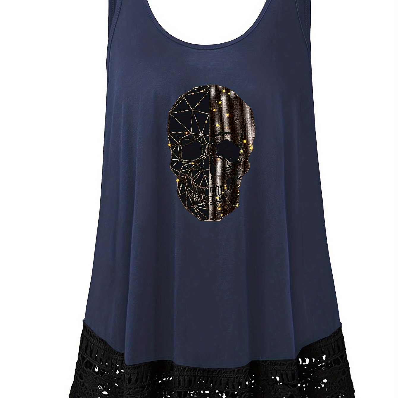 

Plus Size Skull Pattern Lace Stitching Tank Top, Casual Sleeveless Crew Neck Top For Summer & Spring, Women's Plus Size Clothing