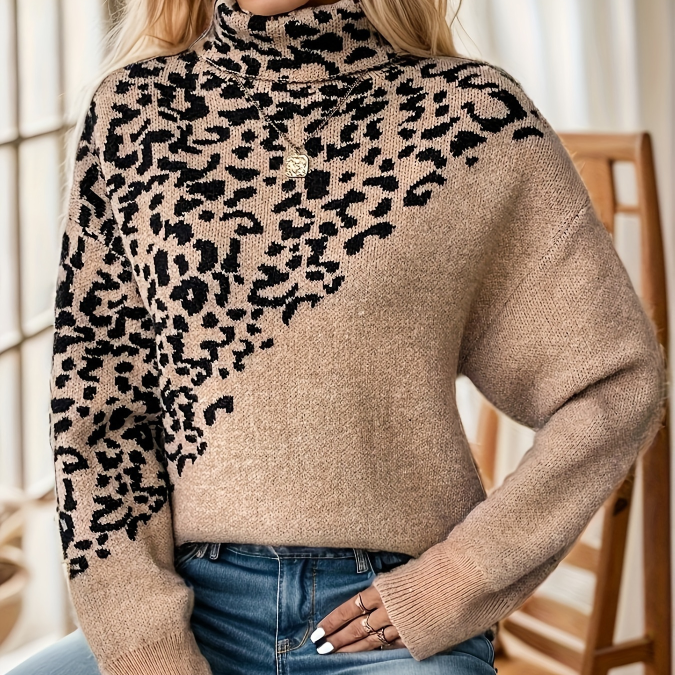 

Leopard Pattern Turtle Neck Sweater, Elegant Long Sleeve Sweater For Fall & Winter, Women's Clothing