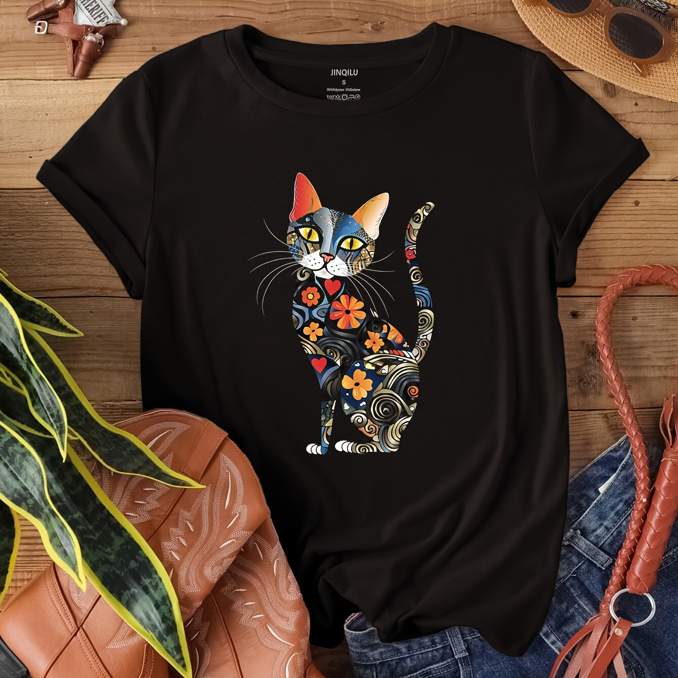 

Cat Neck T-shirt, Casual Short Sleeve T-shirt For , Women's Clothing