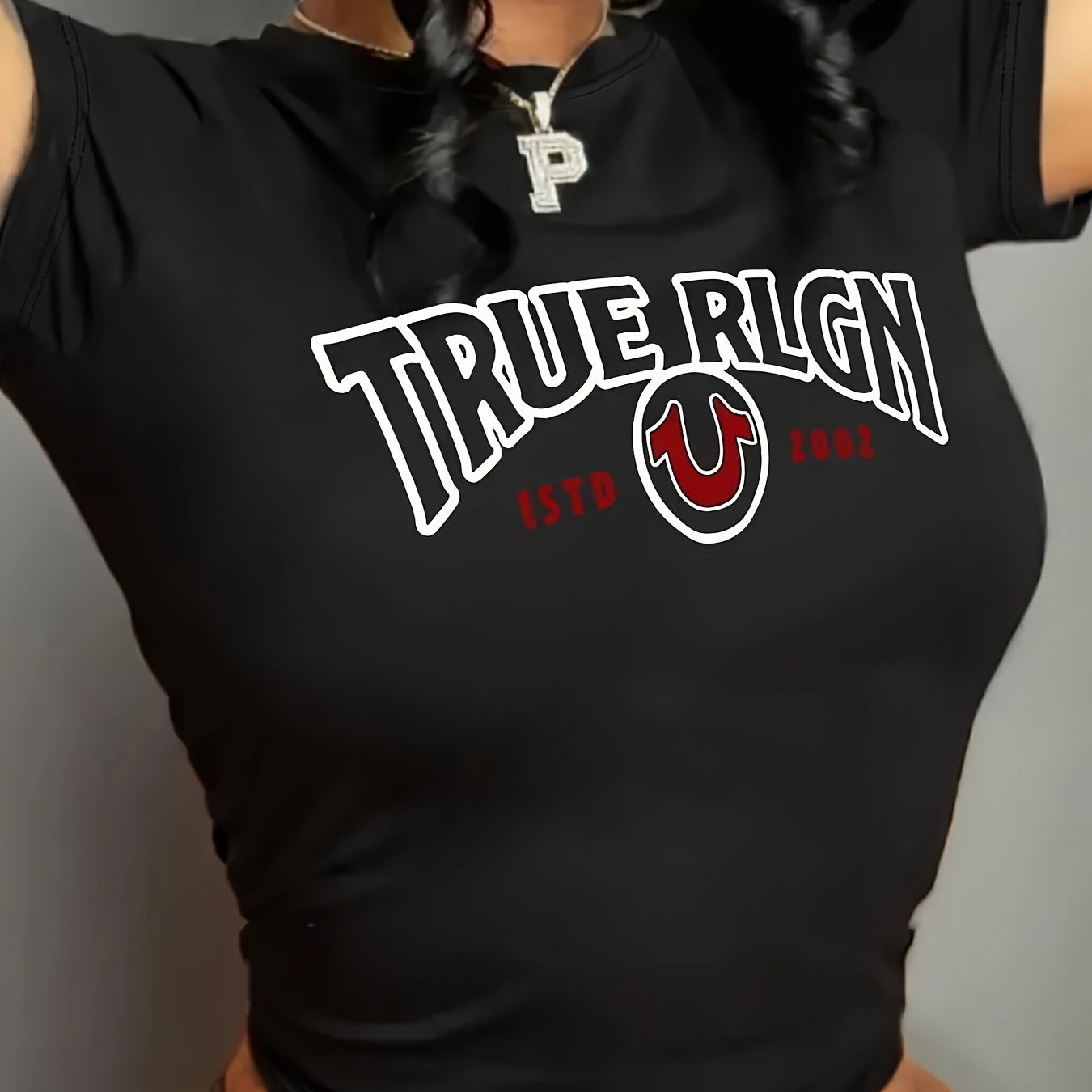 

Letter Neck T-shirt, Casual Short Sleeve Top For , Women's Clothing