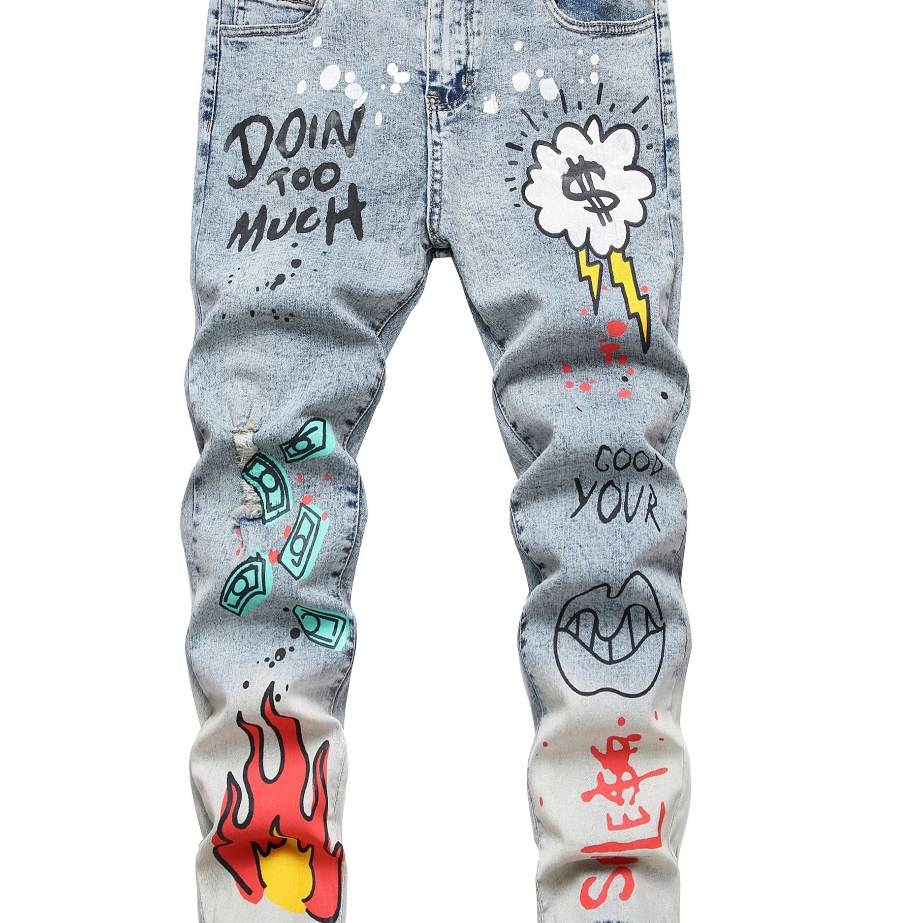 

Boys Denim Trousers Slim Fit Ripped Swing Paint Graffiti Street Style Stretch Jeans Kids Clothes