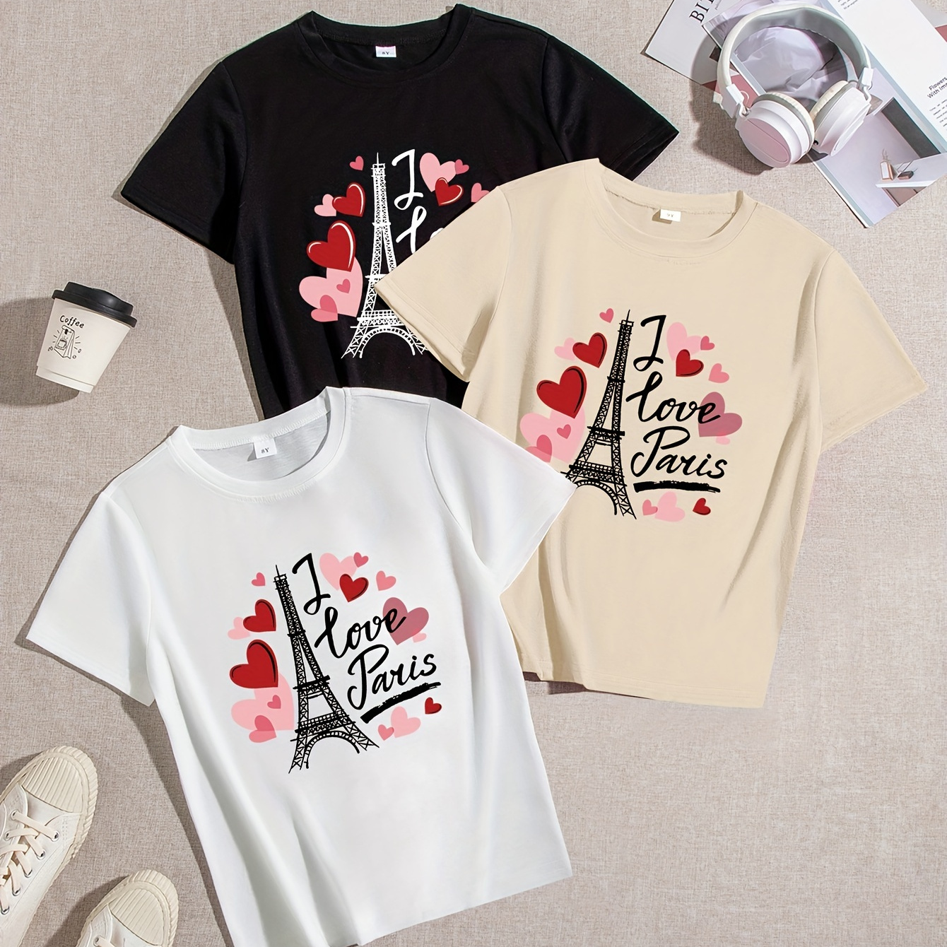 

3pcs I Love Paris Printed Girls Short Sleeve T-shirt, Breathable Soft Comfortable Casual Summer Tops With Crew Neck