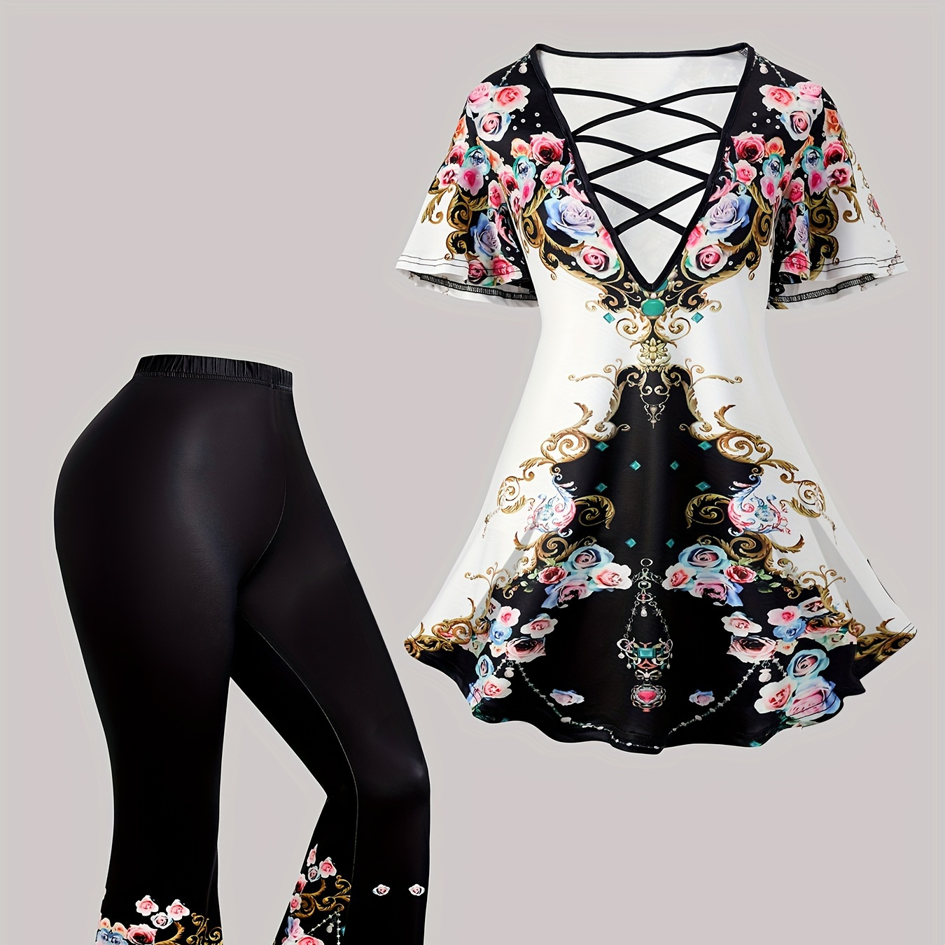 

Floral Print Matching Two-piece Set, Casual Short Sleeve T-shirt & Flare Leg Pants Outfits, Women's Clothing