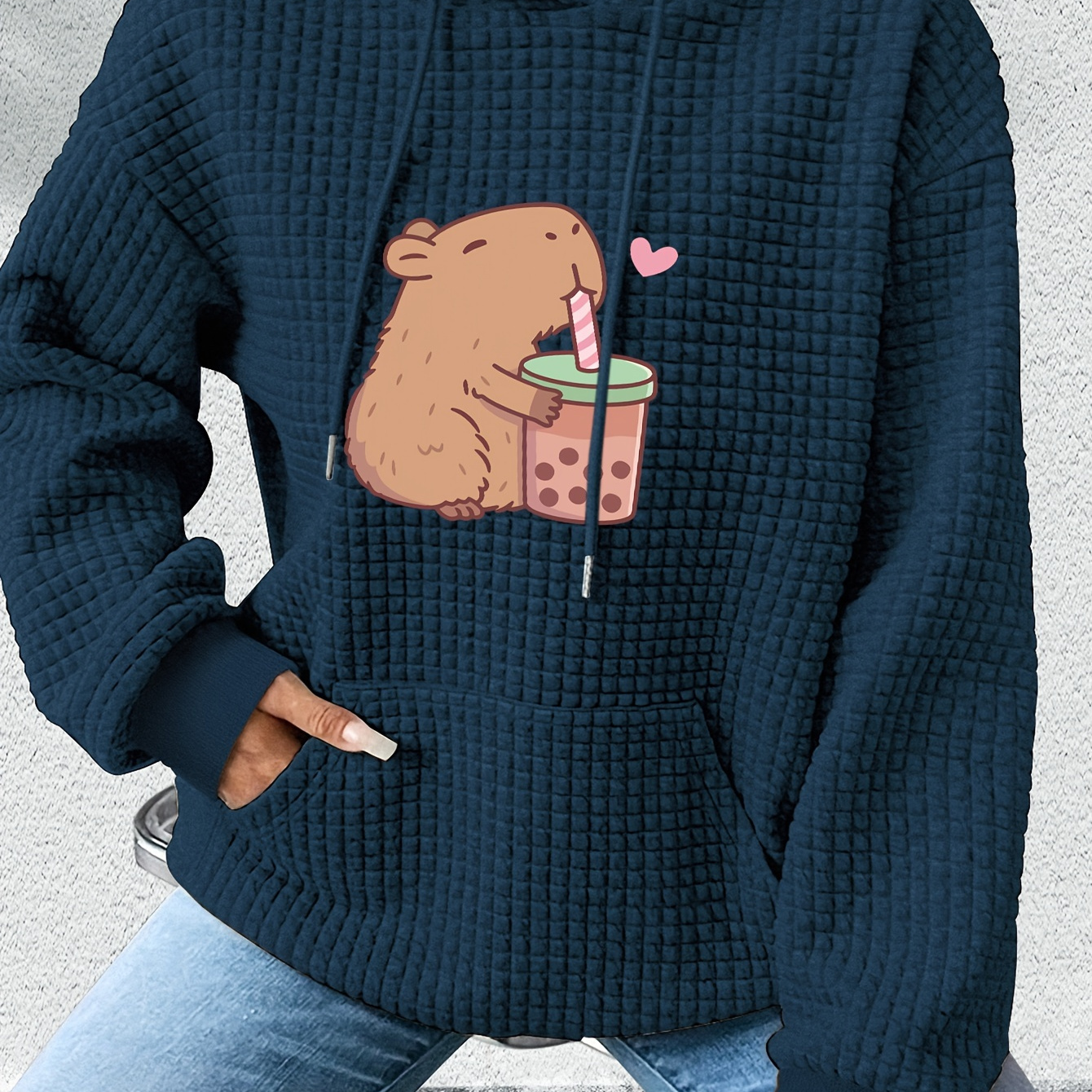 

Women's Cozy Waffle Knit Hoodie With Cute Capybara & Boba Tea Print - Navy Blue, Drawstring Kangaroo Pocket, Long Sleeve Casual Sweatshirt For Fall/winter