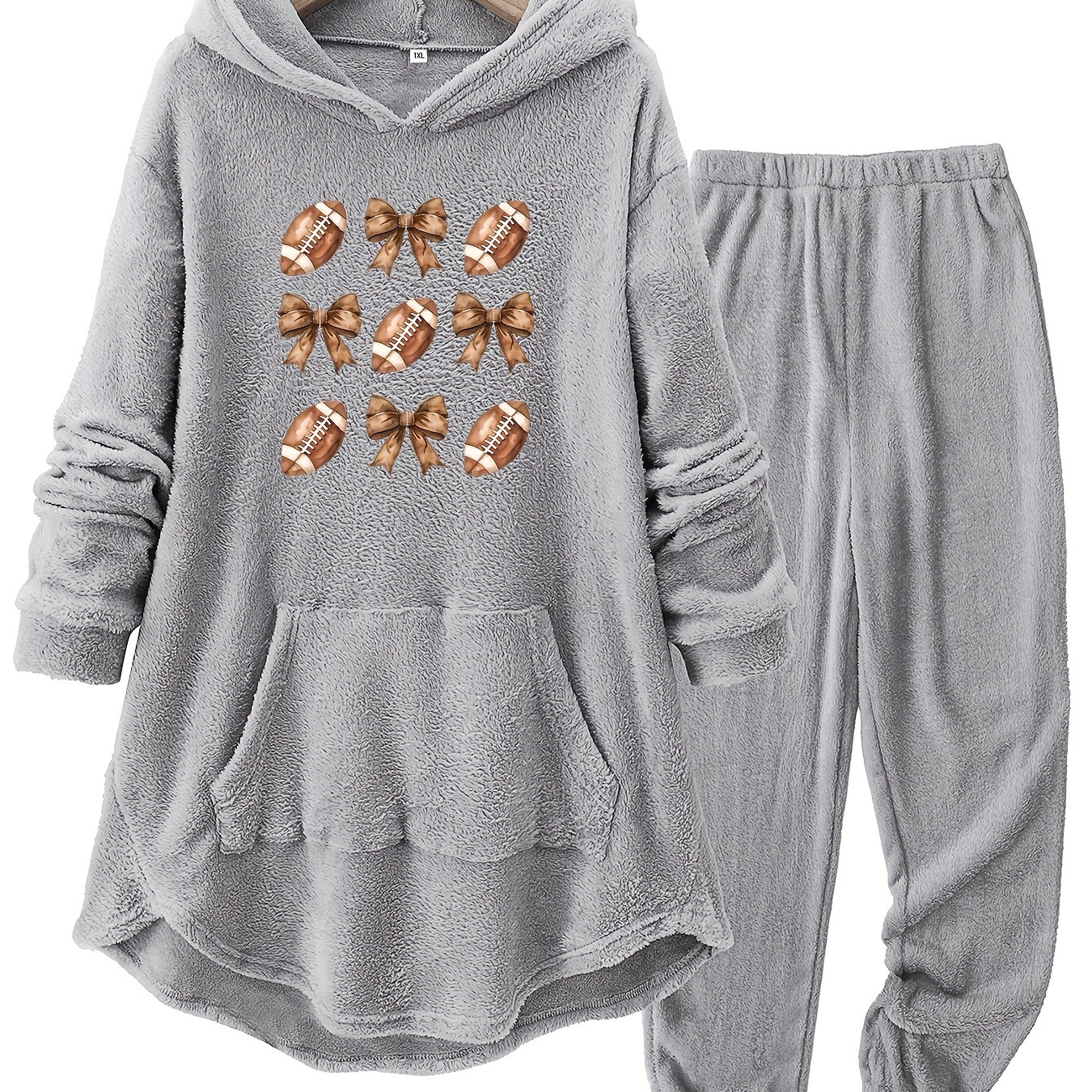 

Plus Size Hooded Loungewear Set With Bowknot Pattern - Polyester Knit Cozy Tracksuit With Pockets For Women, Casual Long Sleeve Drawstring Hoodie And Sweatpants Outfit With Stretch