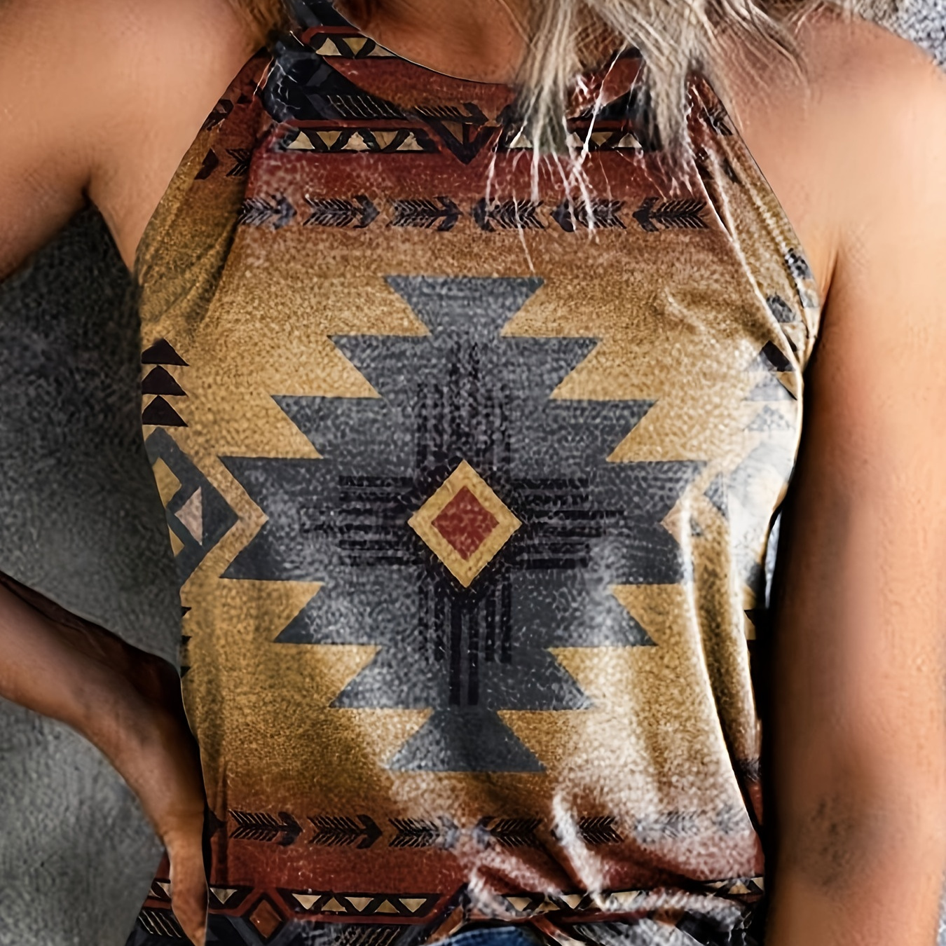 

Aztec Print Round Neck Cami Top, Casual Loose Fashion Sleeveless Summer Cami Top, Women's Clothing