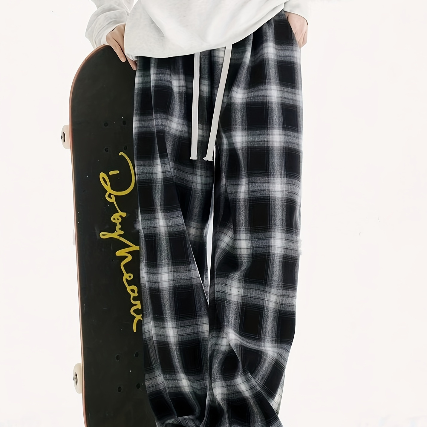 

Plaid Pattern Drawstring Waist Wide Leg Pants, Casual & Versatile High Waist Pants For Spring & Summer, Women's Clothing
