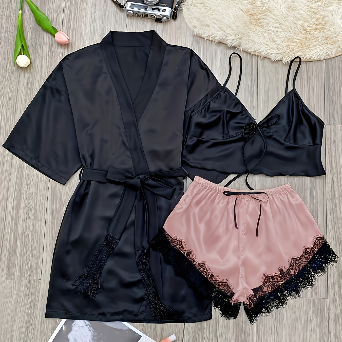 

3 Piece Simple Satin Pajama Set, Short Robe With Belt + Cami Top + Lace Trim Shorts, Women's Loungewear & Sleepwear