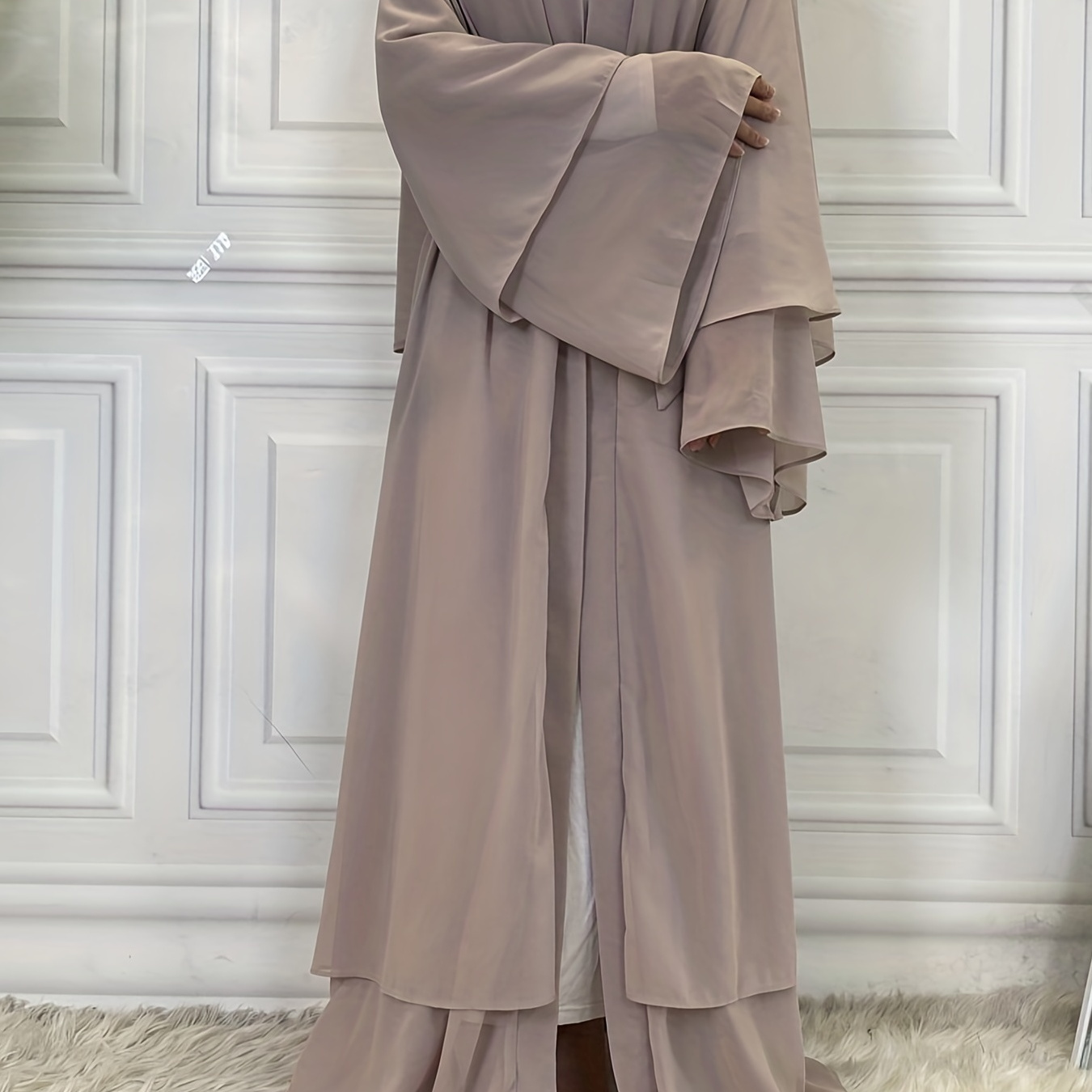 Ramadan Open Front Abaya Cover Up Elegant Solid Layered Hem - Temu