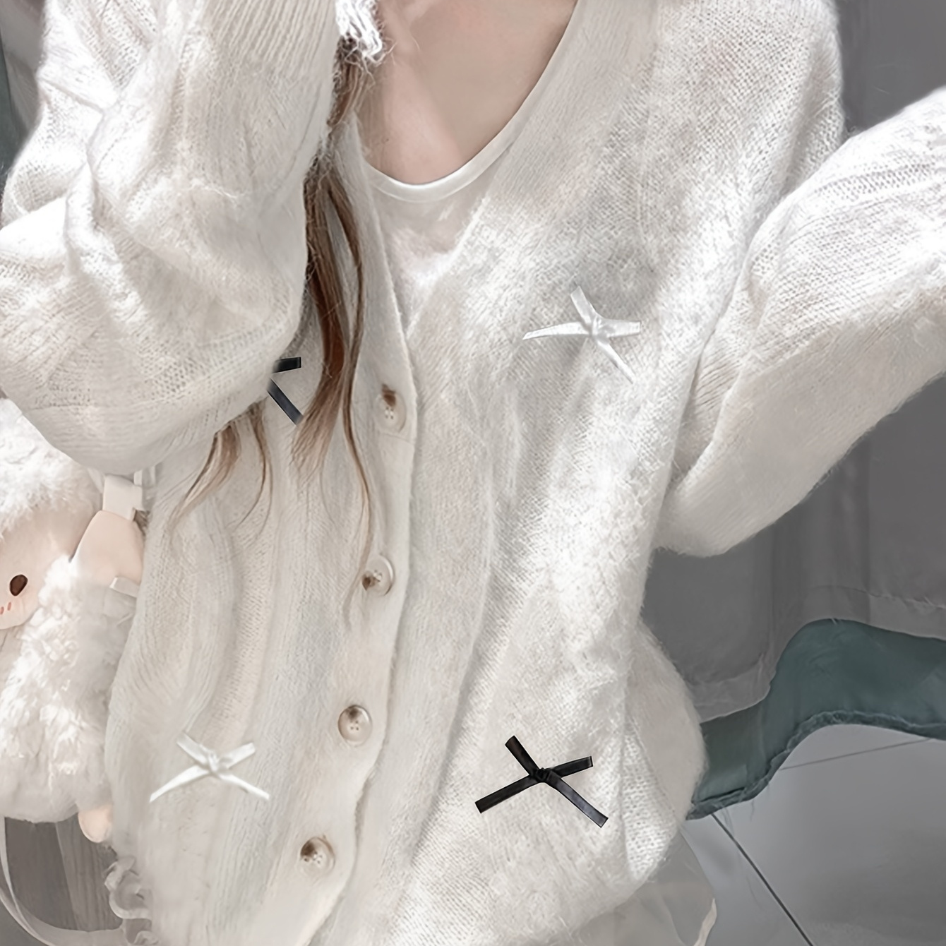 [1pc Chic V-Neck Cardigan Sweater] 1pc Chic Korean Style V-Neck Cardigan Sweater with Bow Detail - Acrylic Blend Knit Fabric, Solid Color, Versatile Temperament for All Seasons