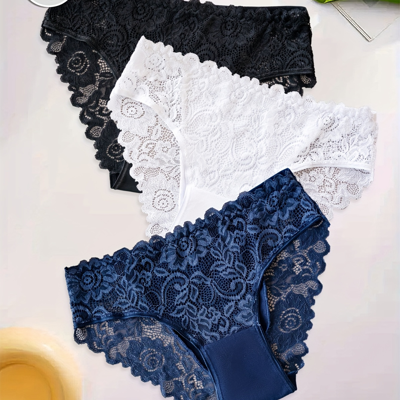 

3pcs Solid Color Women's Underwear, Comfortable And Breathable Lace Contrast Underpants, Elegant Women's Underwear