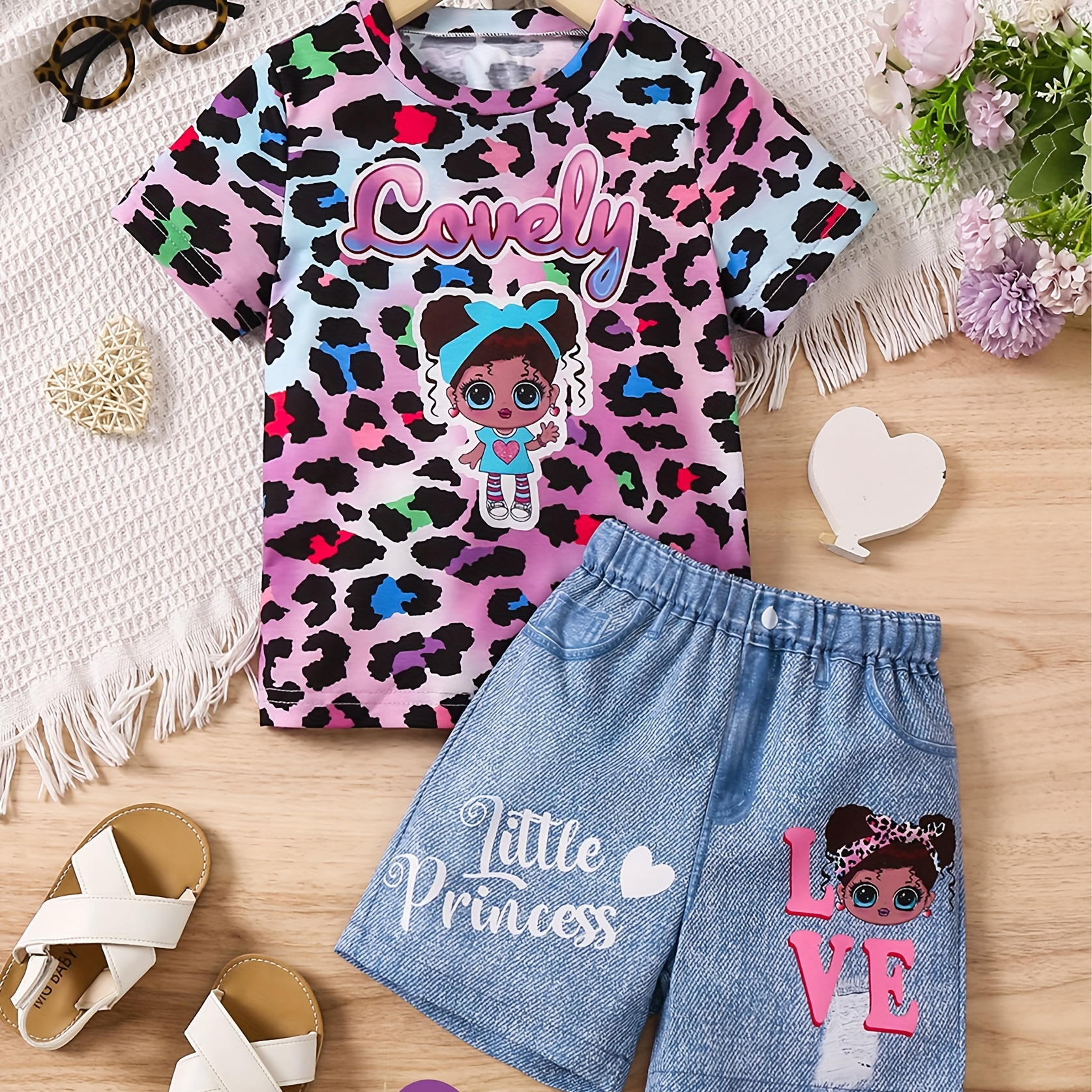 

Leopard Print 2-piece Set For Girls - Lovely Girl Graphic Short Sleeve T-shirt + Woven Print Denim Shorts Summer Outfit, Gift