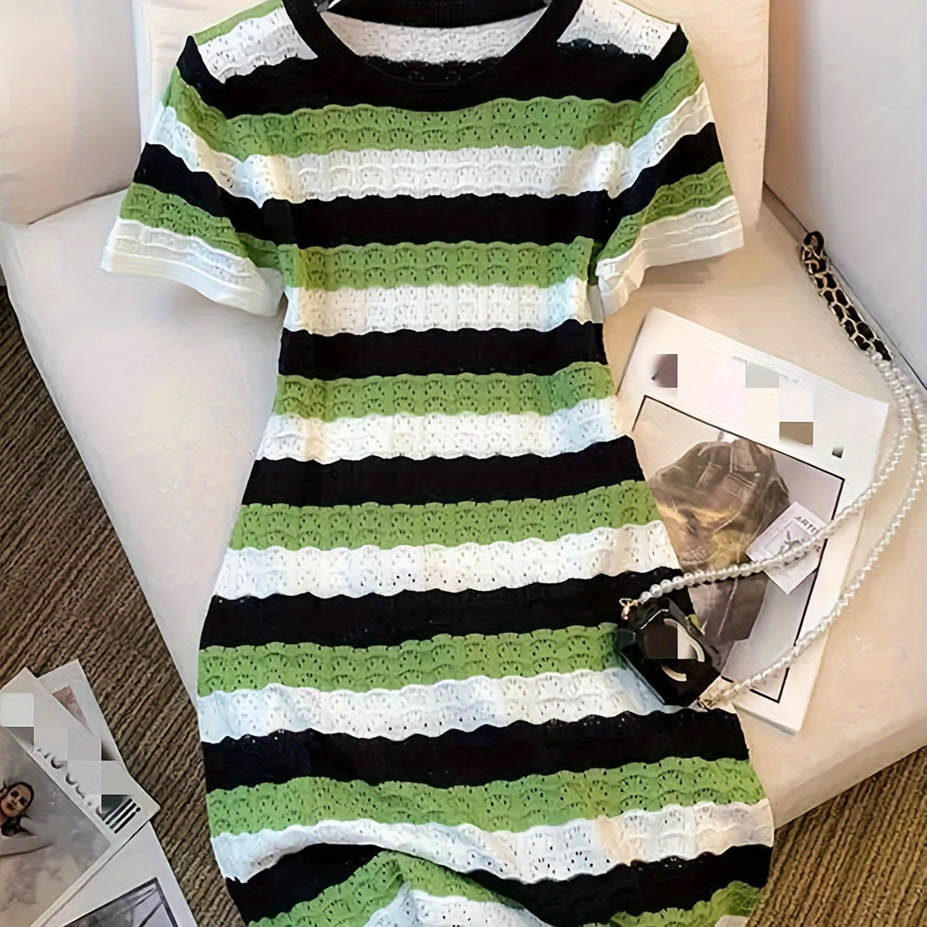 

Colorful Striped Crew Neck Dress, Chic Short Sleeve Bag Hip Mini Knitted Dress For Spring & Summer, Women's Clothing