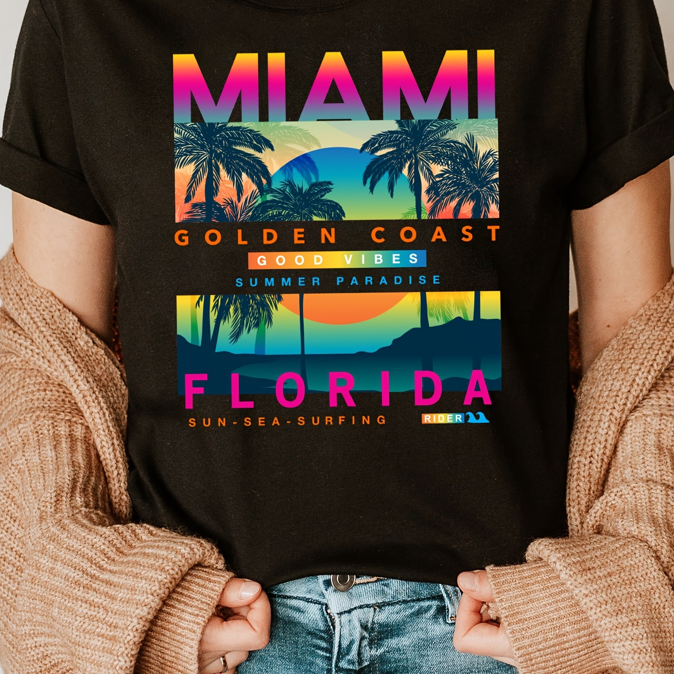 

Miami Florida Print Crew Neck T-shirt, Short Sleeve Casual Top For Summer & Spring, Women's Clothing