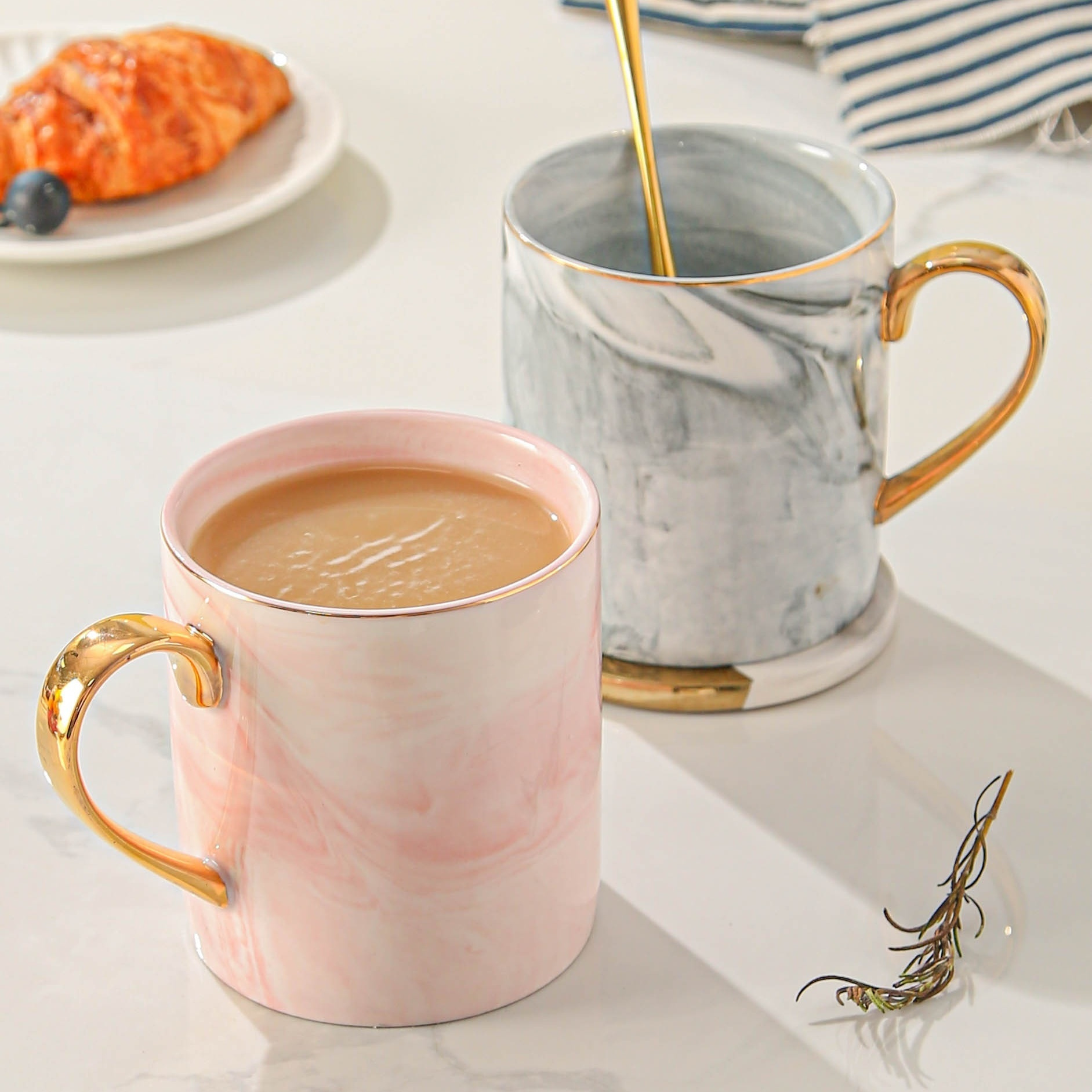 Marble Print Ceramic Tea Cup With Saucer And Spoon Bone - Temu