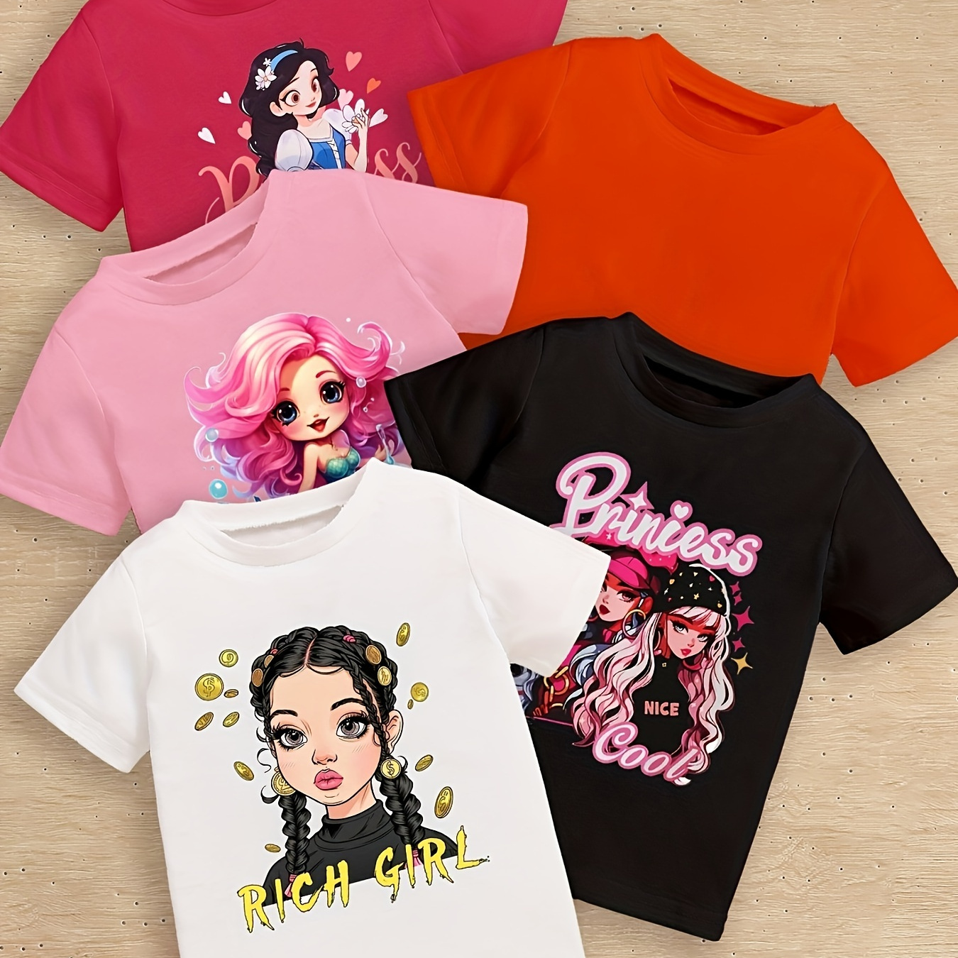 

Cool Cartoon Girls & Graphic Print, Girls' 5pcs/set Short Sleeve Crew Neck Tees For Summer, Girls' Clothes