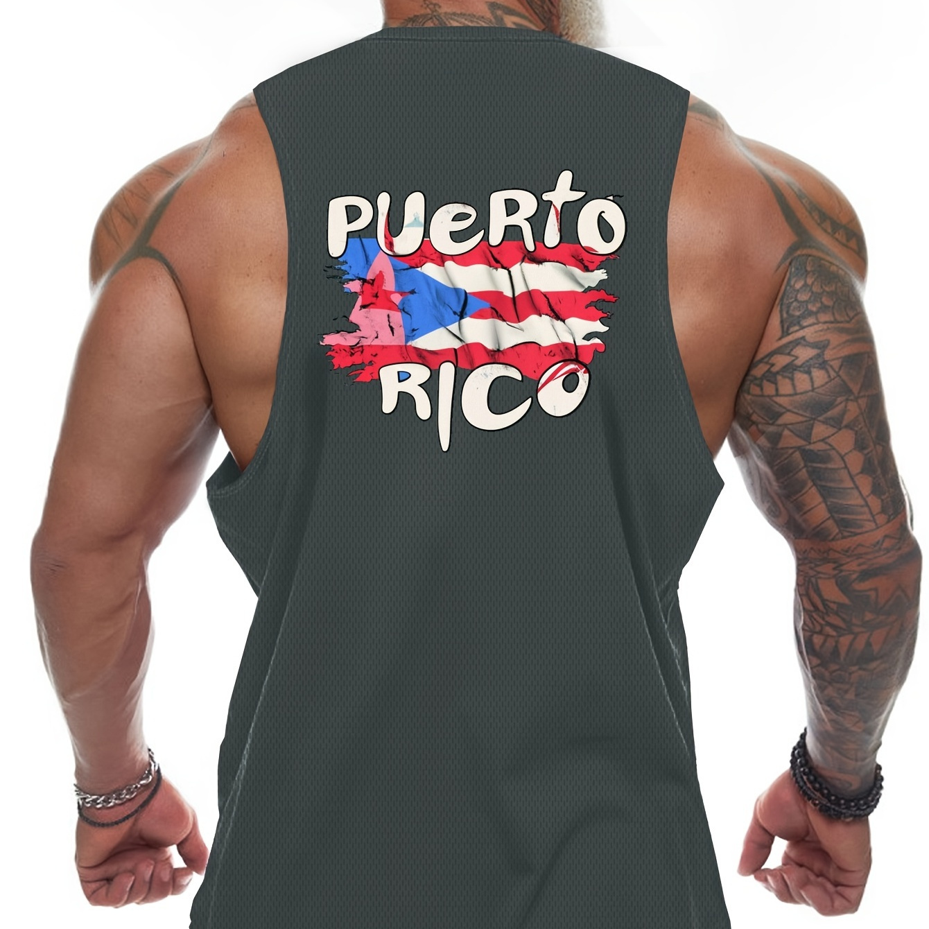 

Flag Of Puerto Rico Print Sleeveless Tank Top, Men's Active Undershirts For Workout At The Gym