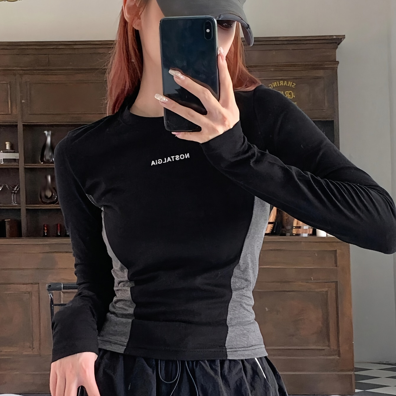 

Letter Pattern Crew Neck T-shirt, Casual Color Block Long Sleeve Top For Spring & Fall, Women's Clothing