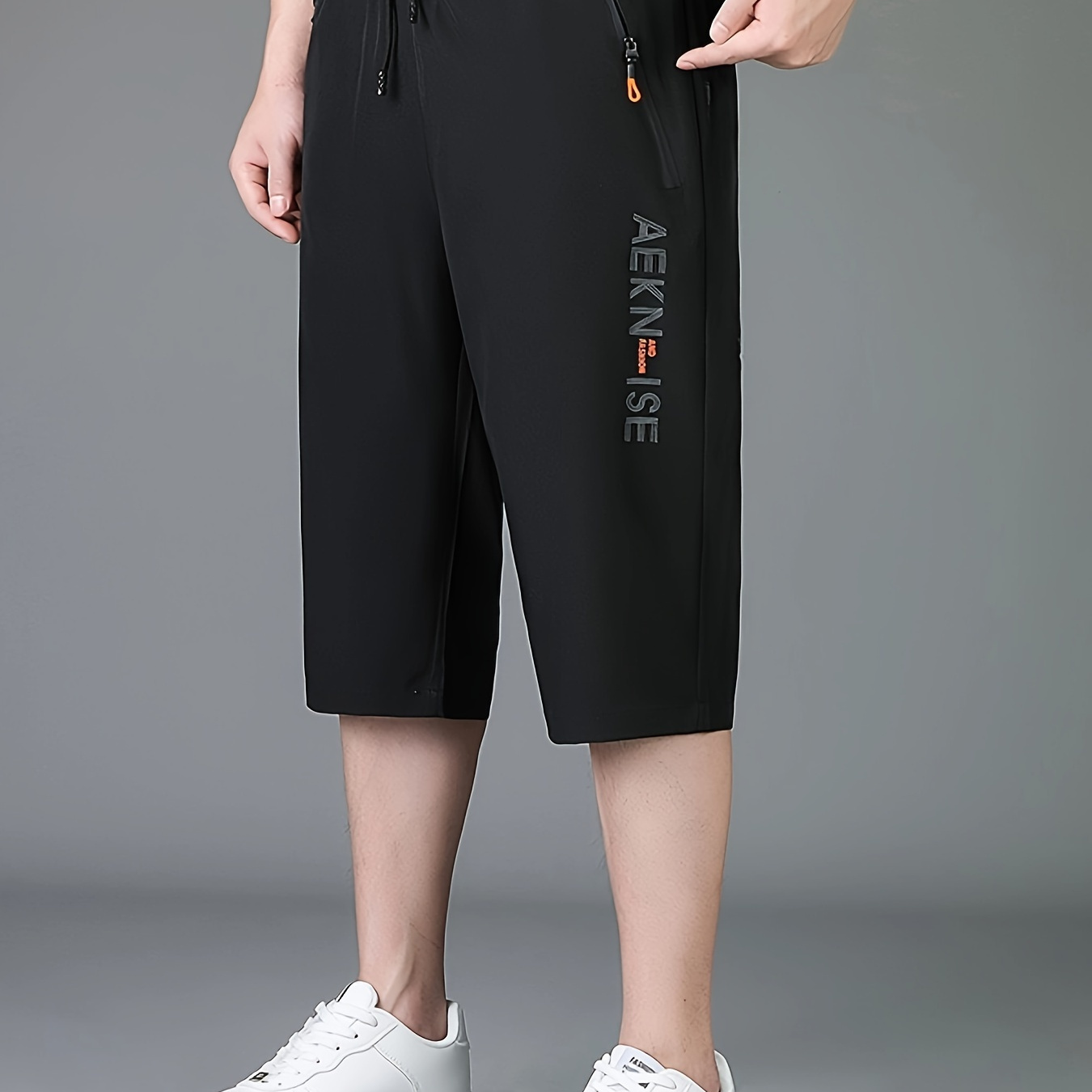 

Letter Print Men's Quick Dry And Lightweight Capri Pants With Zippered Pockets, Versatile Drawstring Leisure Shorts For Summer Daily And Sports Wear