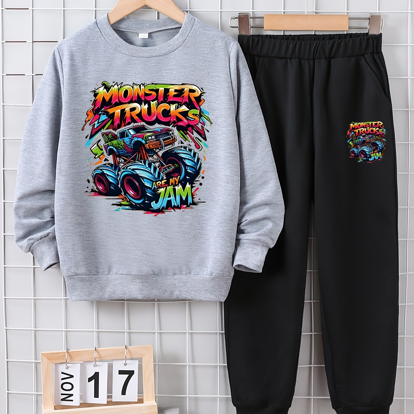 

Monster Truck Pattern Print 2pcs Pullover Sweatshirt & Pants Set For Boys - Soft, Warm, And Breathable Outfit For Fall/winter