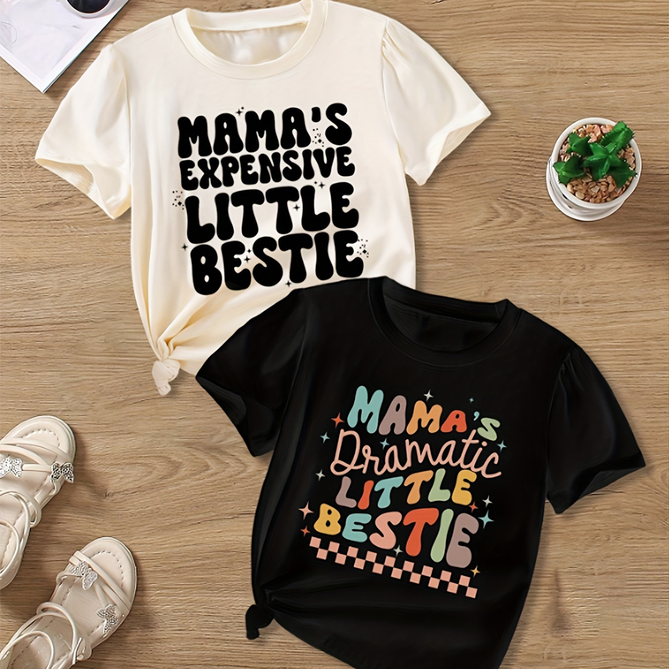 

Girls 2pcs/set Mama's Dramatic Little Bestie Print Short Sleeve Casual & Comfy Tees For Summer