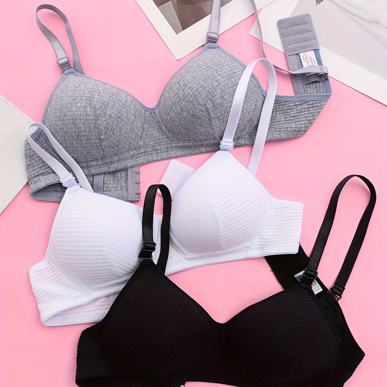 

3 Pcs Girl's Cotton Training Bras, Thread Bra Without Steel Ring, Anti Sagging And Comfortable During Development, Adjustable Shoulder Strap Bra, Simple And Comfortable Running And Exercise Bra