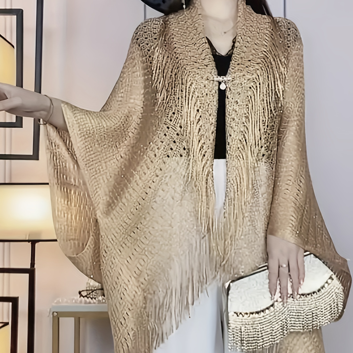 

-size Lightweight Cardigan With Tassel - Chic Hollow-out Design, Sun Protection Shawl For Evening Wear, Polyester, Hand Or Only, Plus Size Cardigan