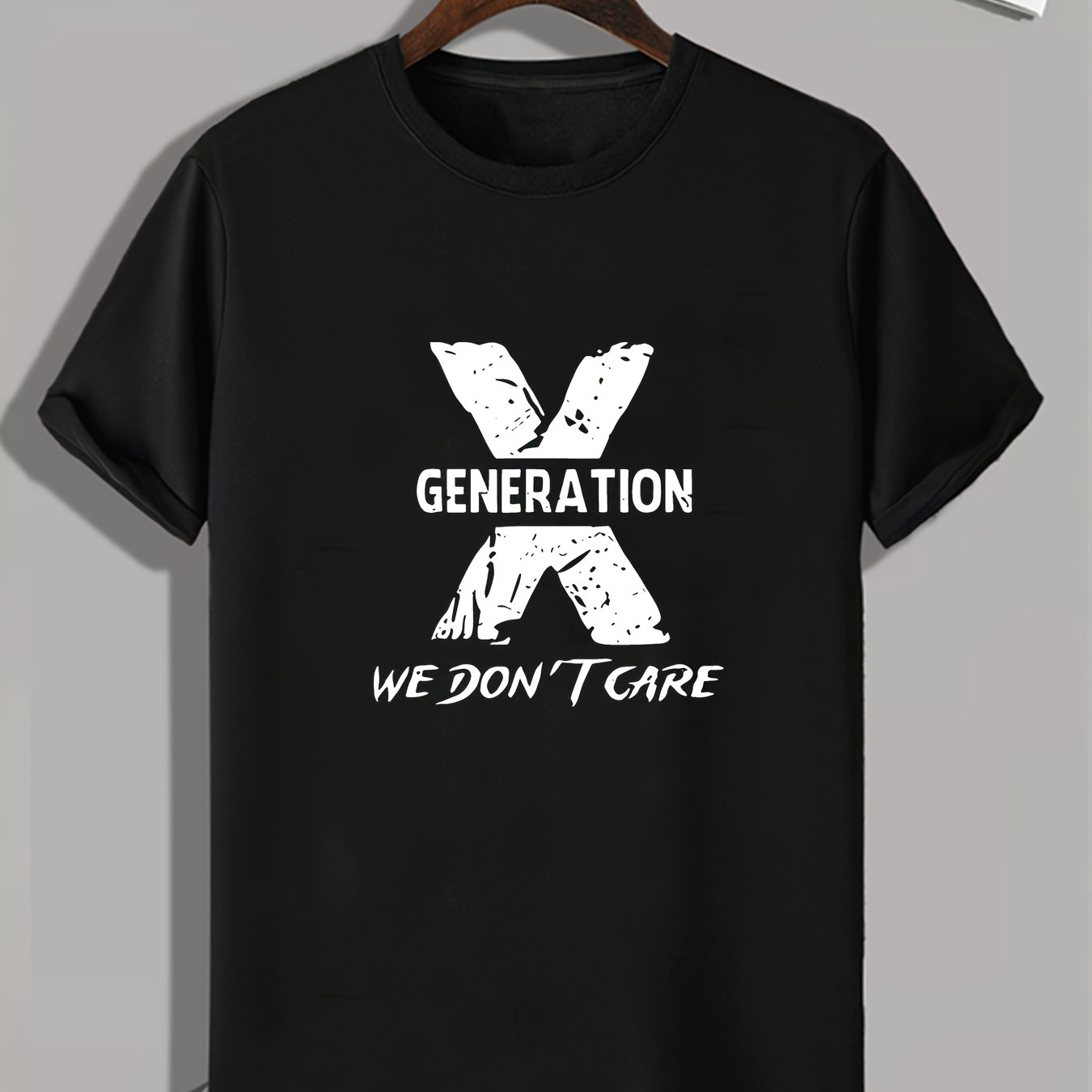 

Generation X We Don't Care Letter Print Men's Crew Neck Short Sleeve T-shirt, Trendy Tees, Casual Comfortable Lightweight Top For Summer