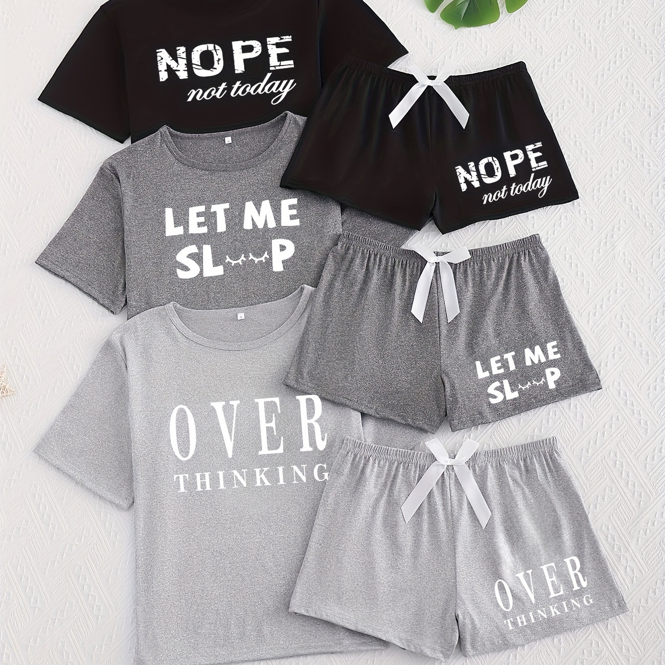 TEMU 3pcs Slogan Printed Crew Neck Short Sleeve Top And Shorts Pajama Set